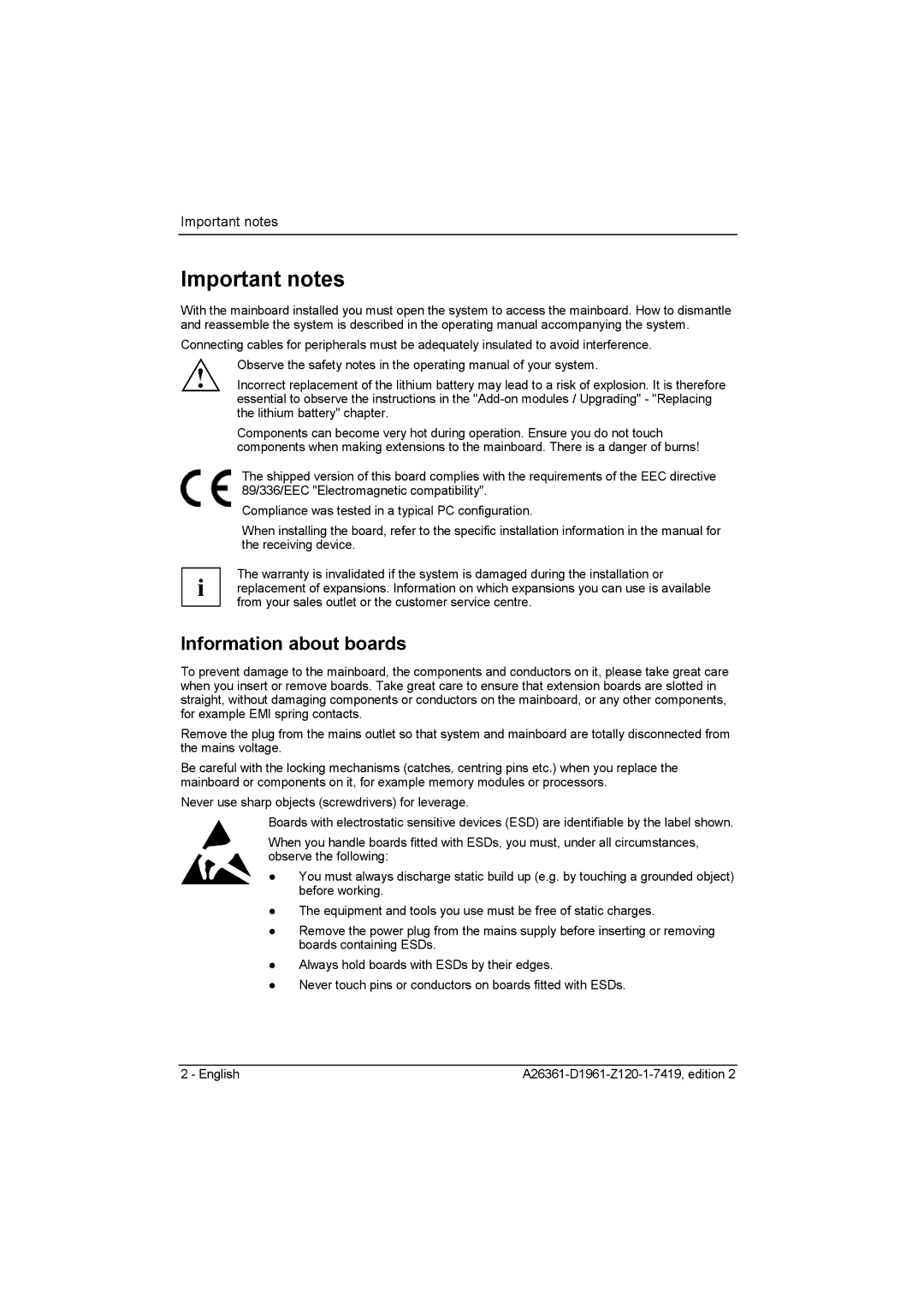 Fujitsu D1961 technical manual Important notes, Information about boards 