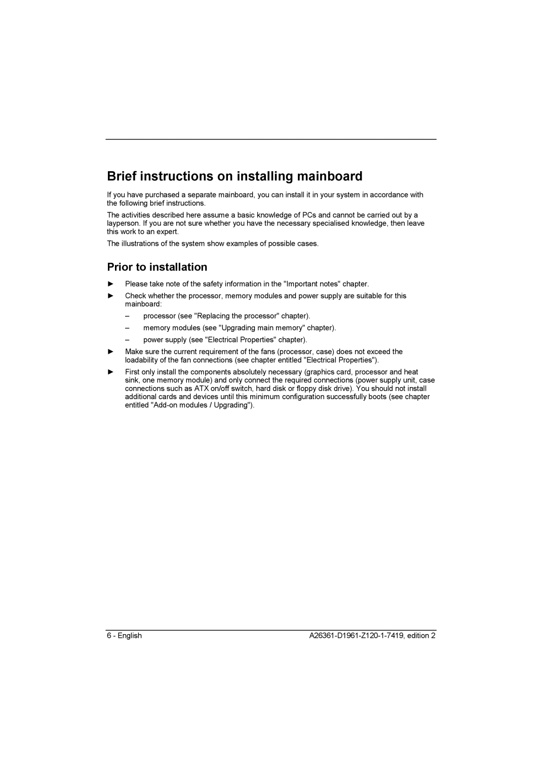 Fujitsu D1961 technical manual Brief instructions on installing mainboard, Prior to installation 