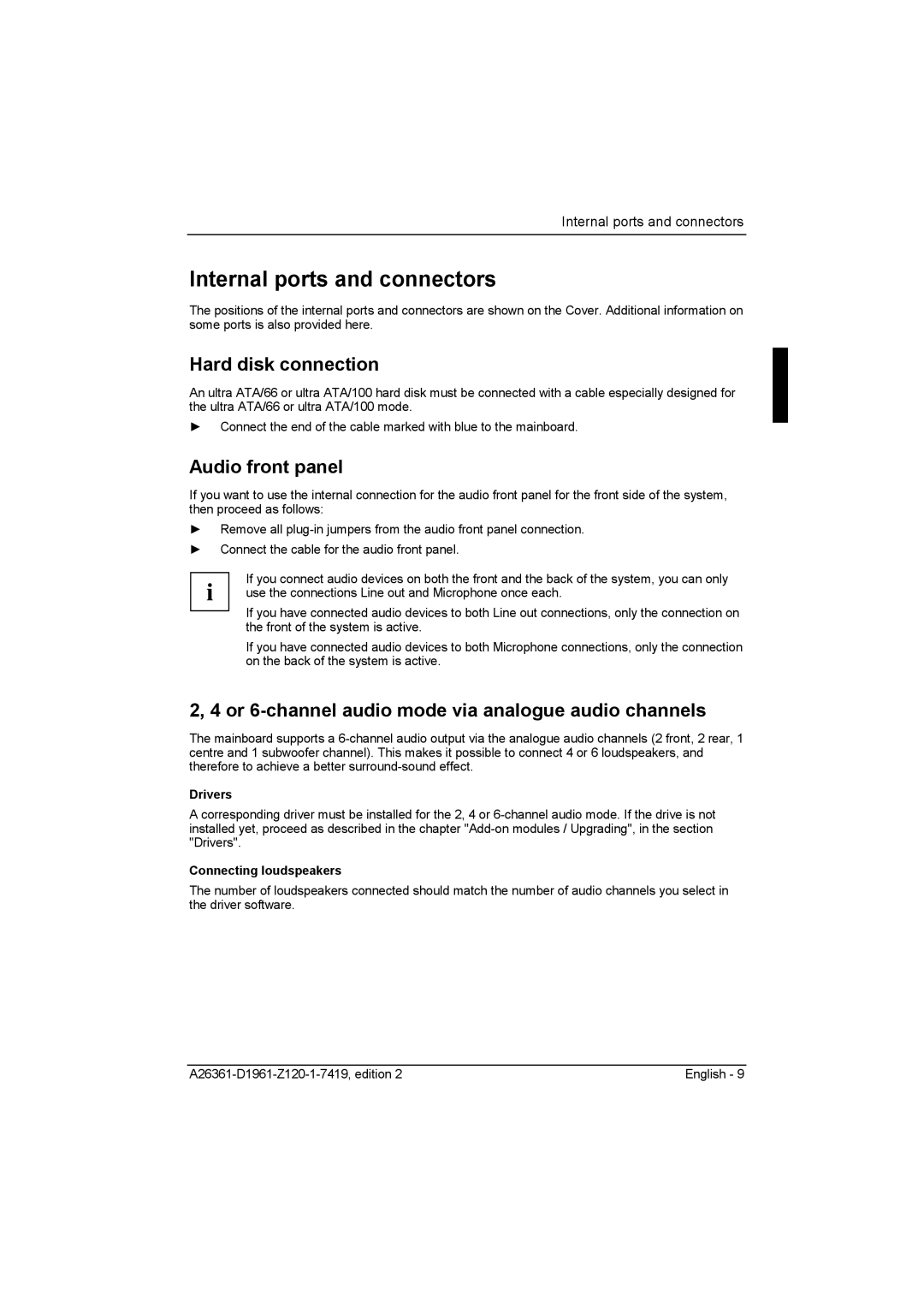 Fujitsu D1961 technical manual Internal ports and connectors, Hard disk connection, Audio front panel 