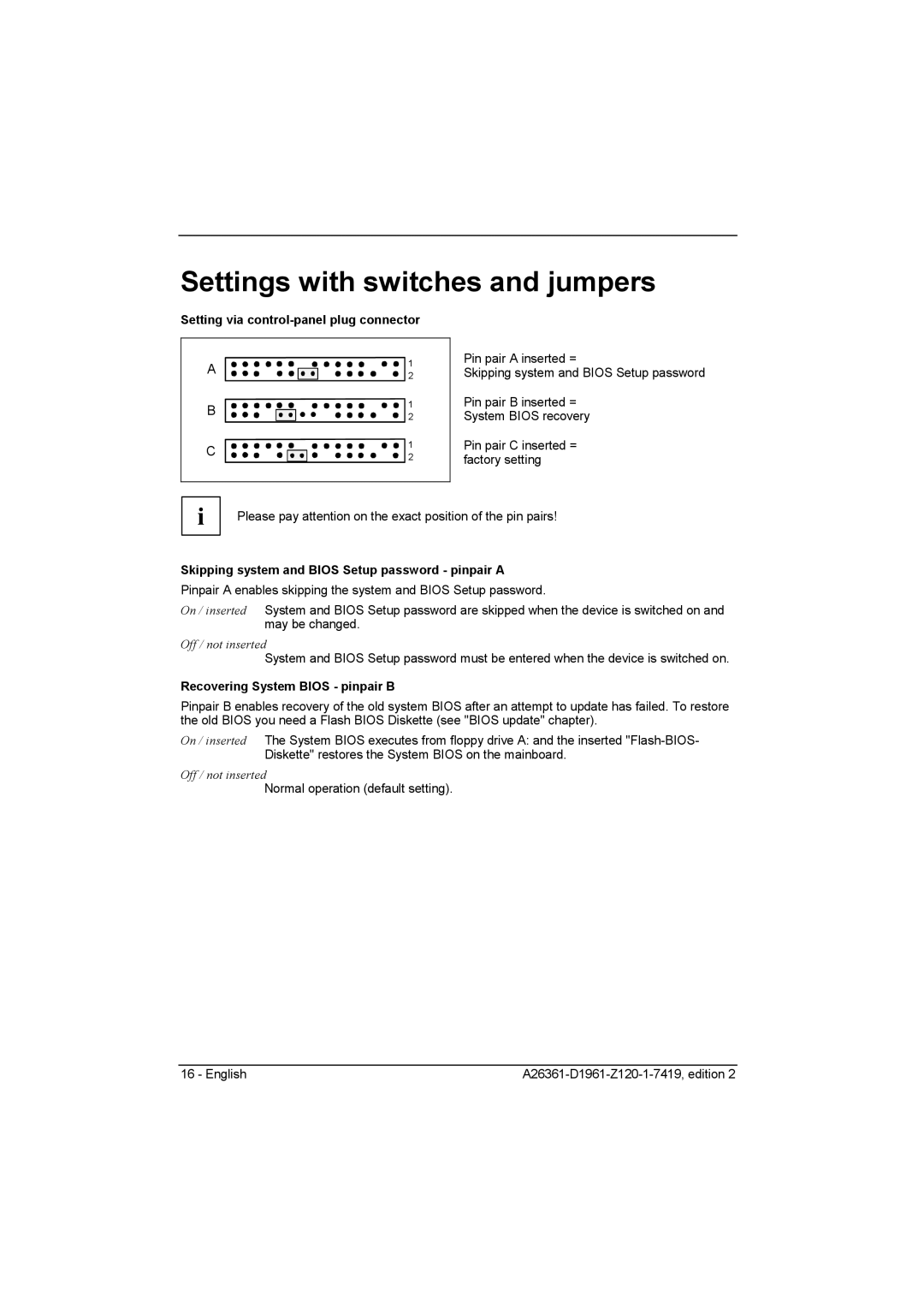 Fujitsu D1961 technical manual Settings with switches and jumpers, Setting via control-panel plug connector 