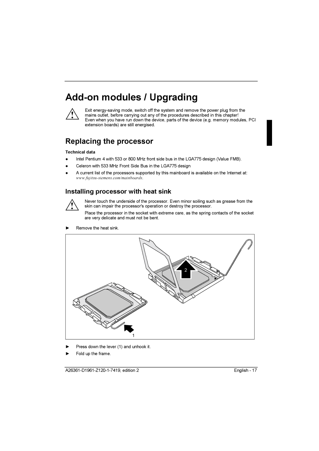 Fujitsu D1961 Add-on modules / Upgrading, Replacing the processor, Installing processor with heat sink, Technical data 