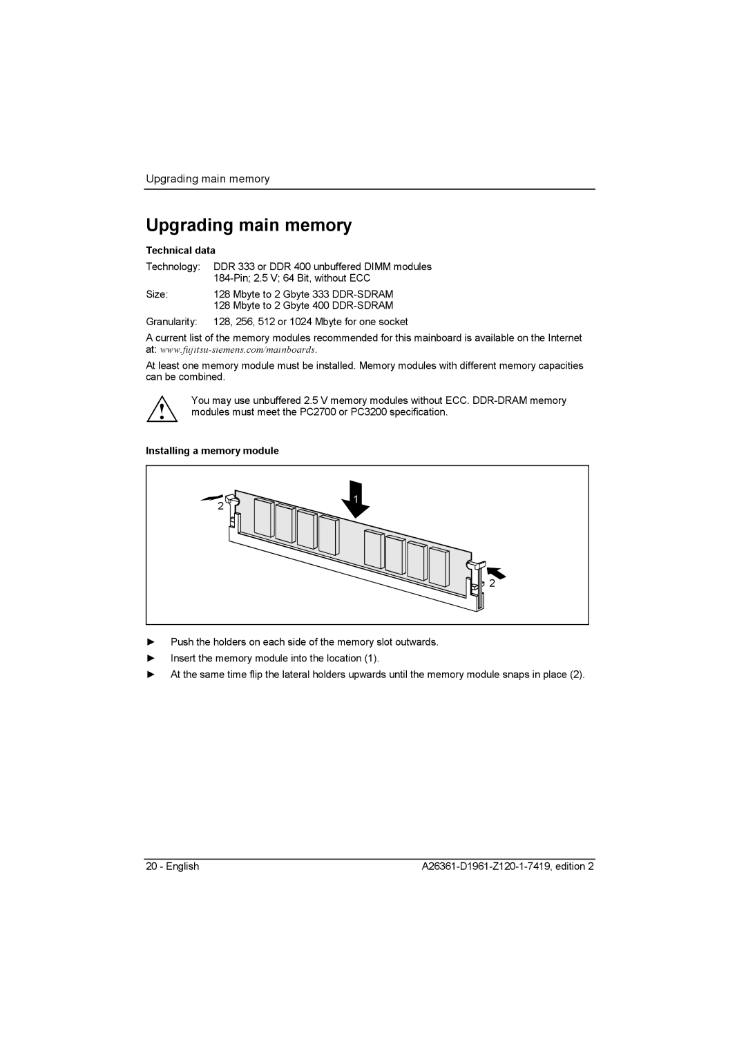 Fujitsu D1961 technical manual Upgrading main memory, Installing a memory module 