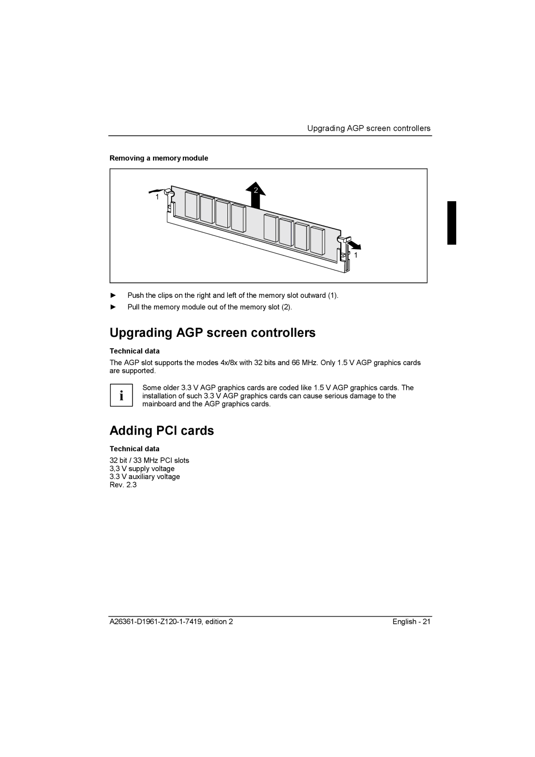 Fujitsu D1961 technical manual Upgrading AGP screen controllers, Adding PCI cards, Removing a memory module 