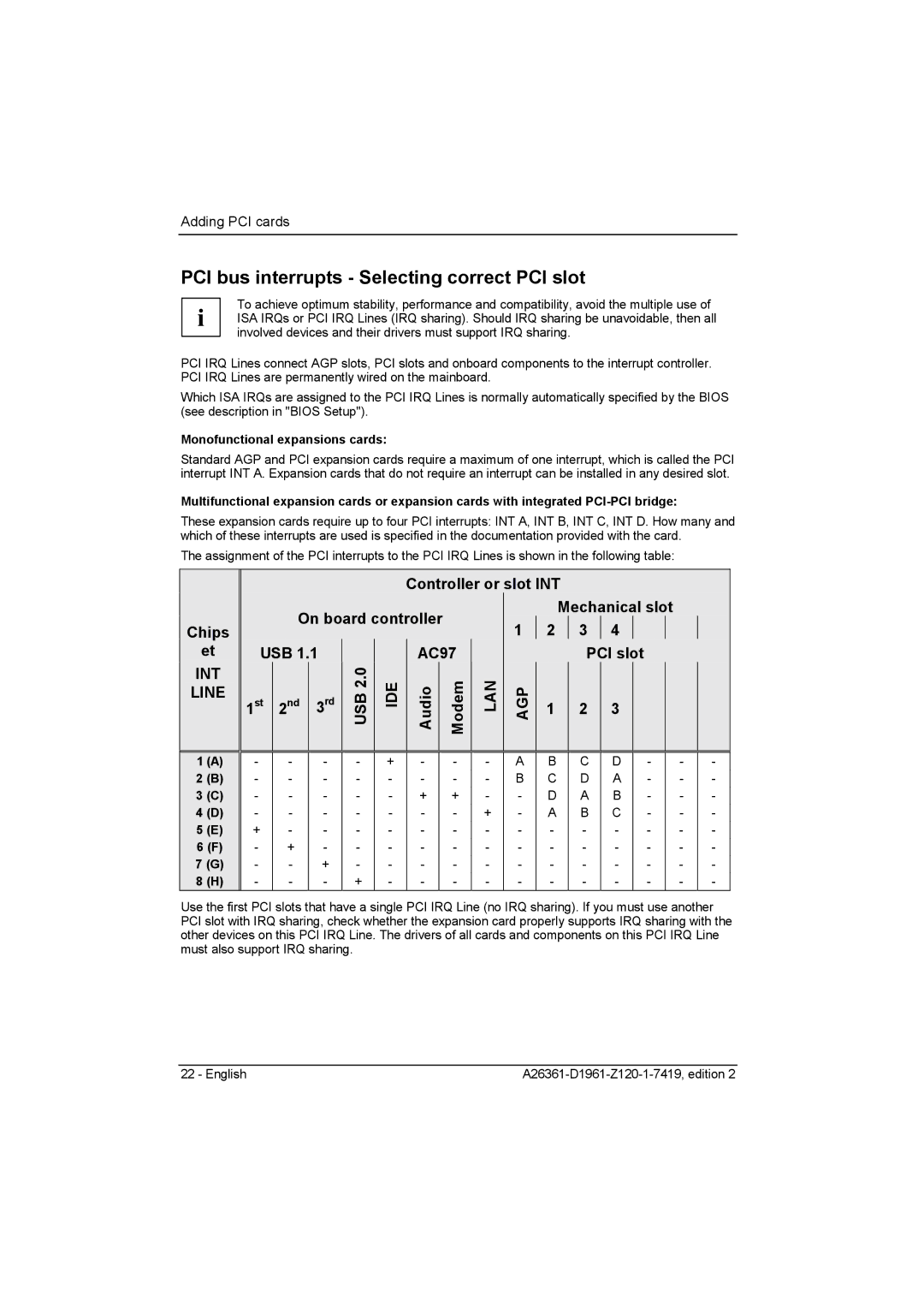 Fujitsu D1961 technical manual PCI bus interrupts Selecting correct PCI slot, Audio Modem, Monofunctional expansions cards 