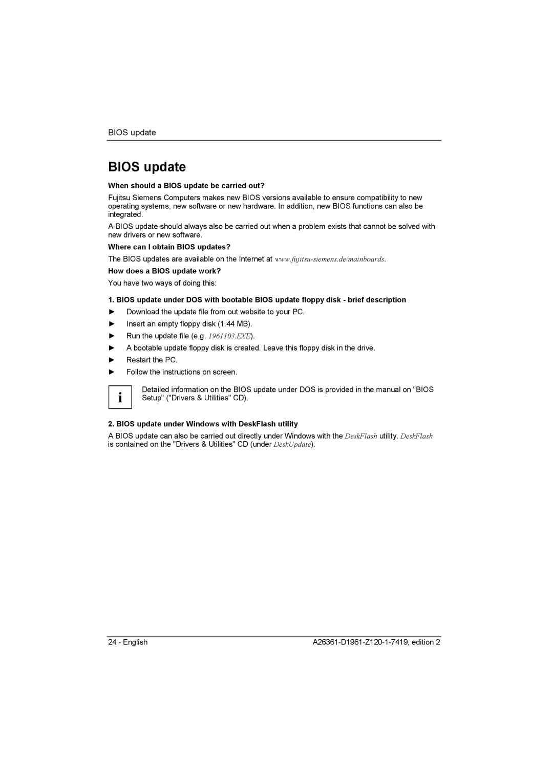 Fujitsu D1961 When should a Bios update be carried out?, Bios update under Windows with DeskFlash utility 