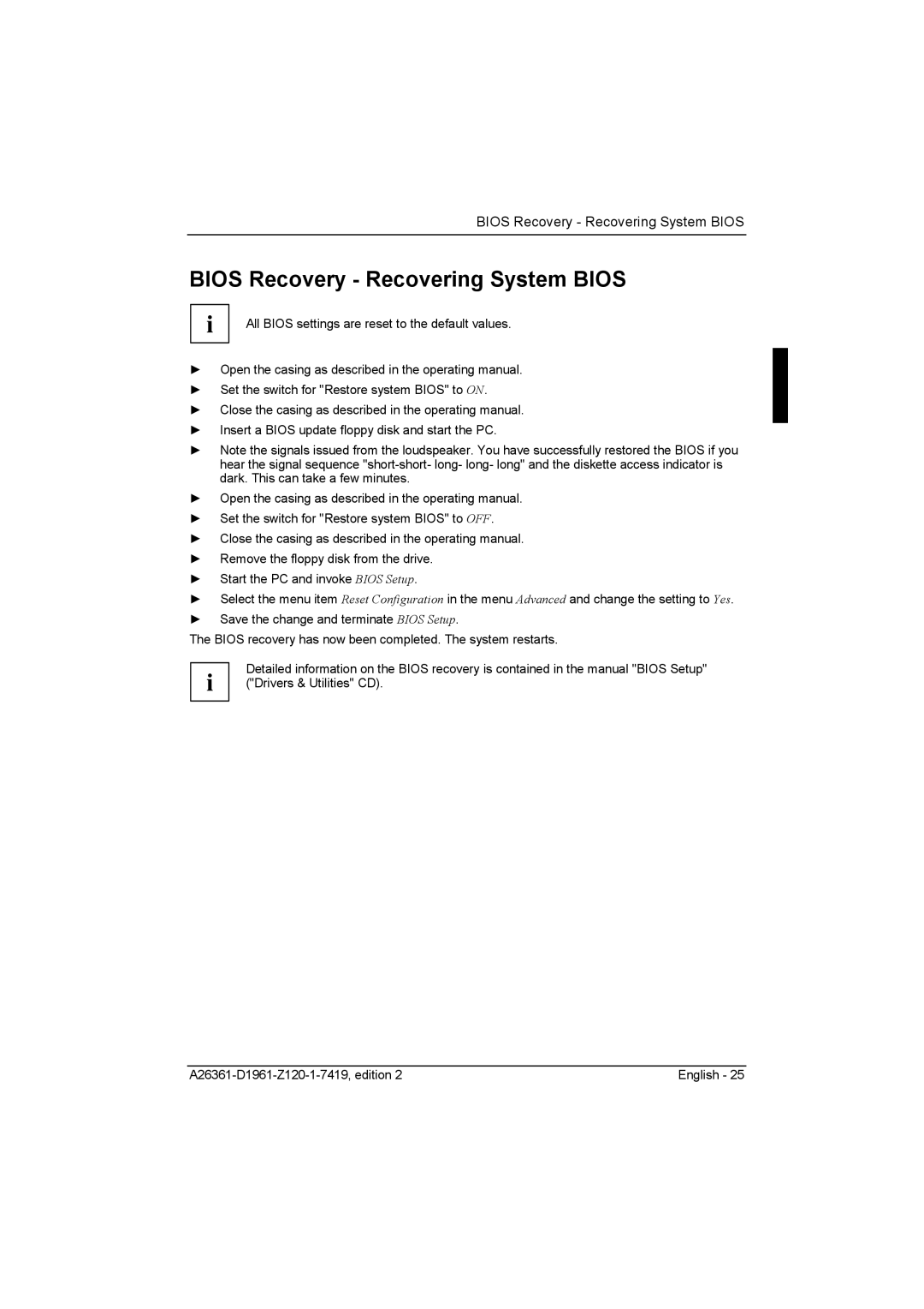 Fujitsu D1961 technical manual Bios Recovery Recovering System Bios 