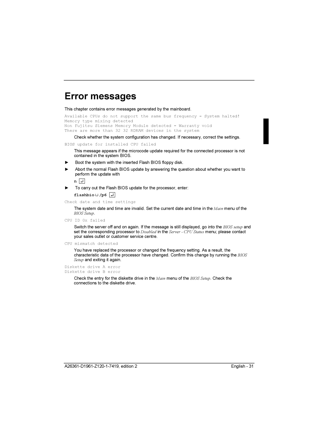 Fujitsu D1961 technical manual Error messages, Bios update for installed CPU failed 