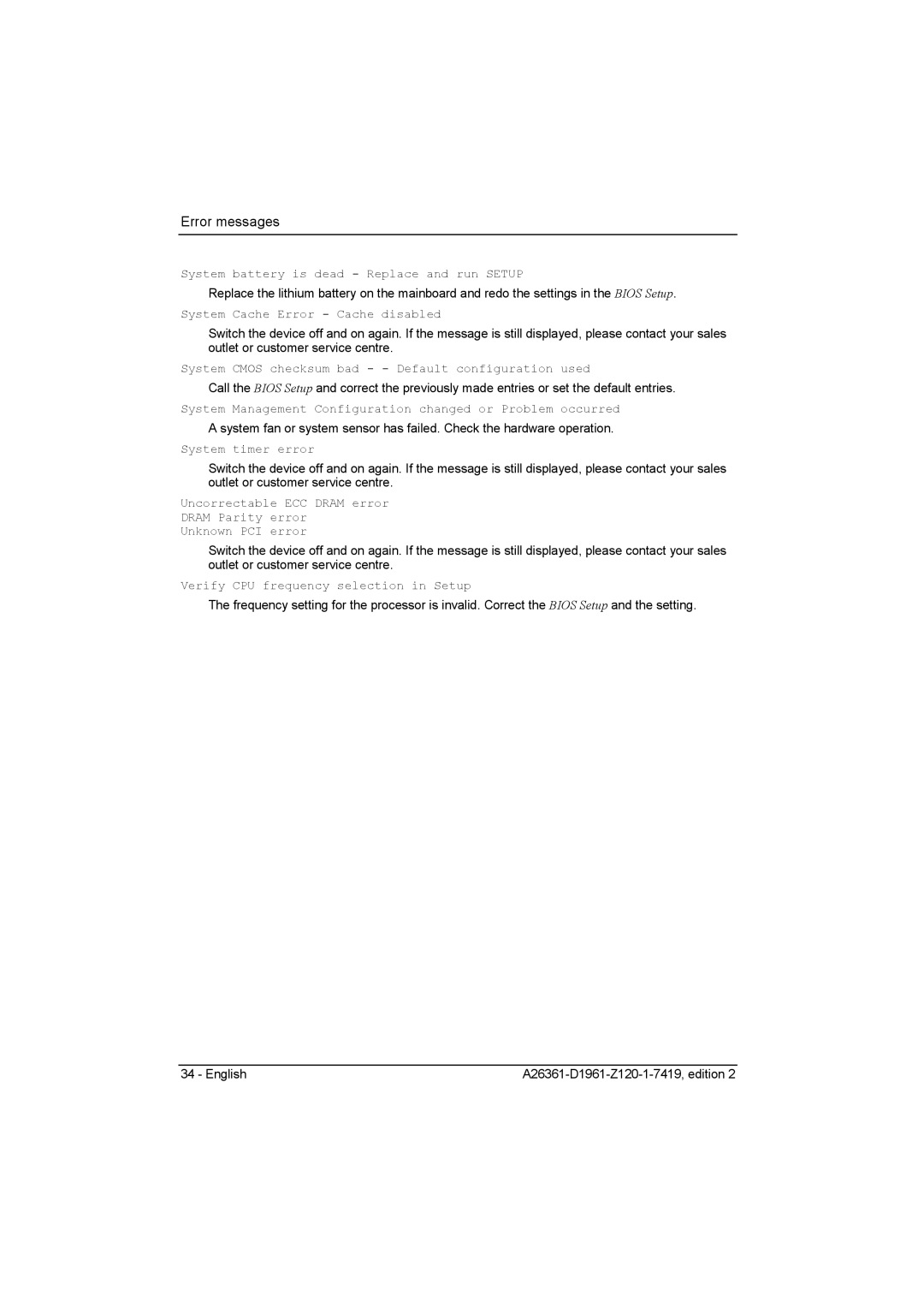 Fujitsu D1961 technical manual System battery is dead Replace and run Setup 