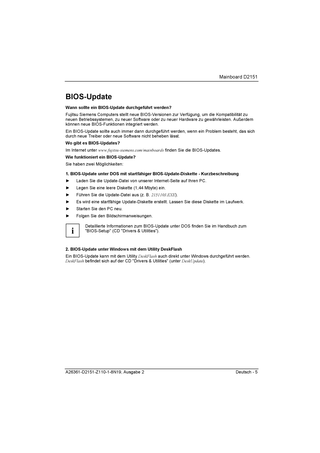 Fujitsu D2151 Wann sollte ein BIOS-Update durchgeführt werden?, BIOS-Update unter Windows mit dem Utility DeskFlash 