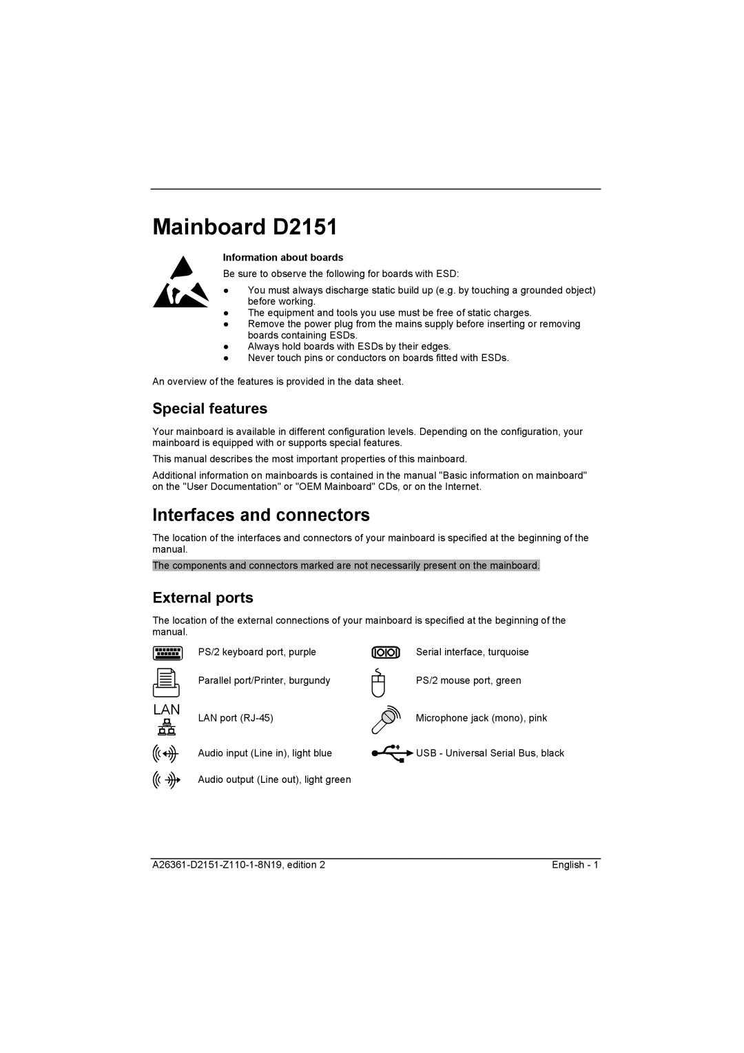 Fujitsu D2151 manual Interfaces and connectors, Special features, External ports, Information about boards 