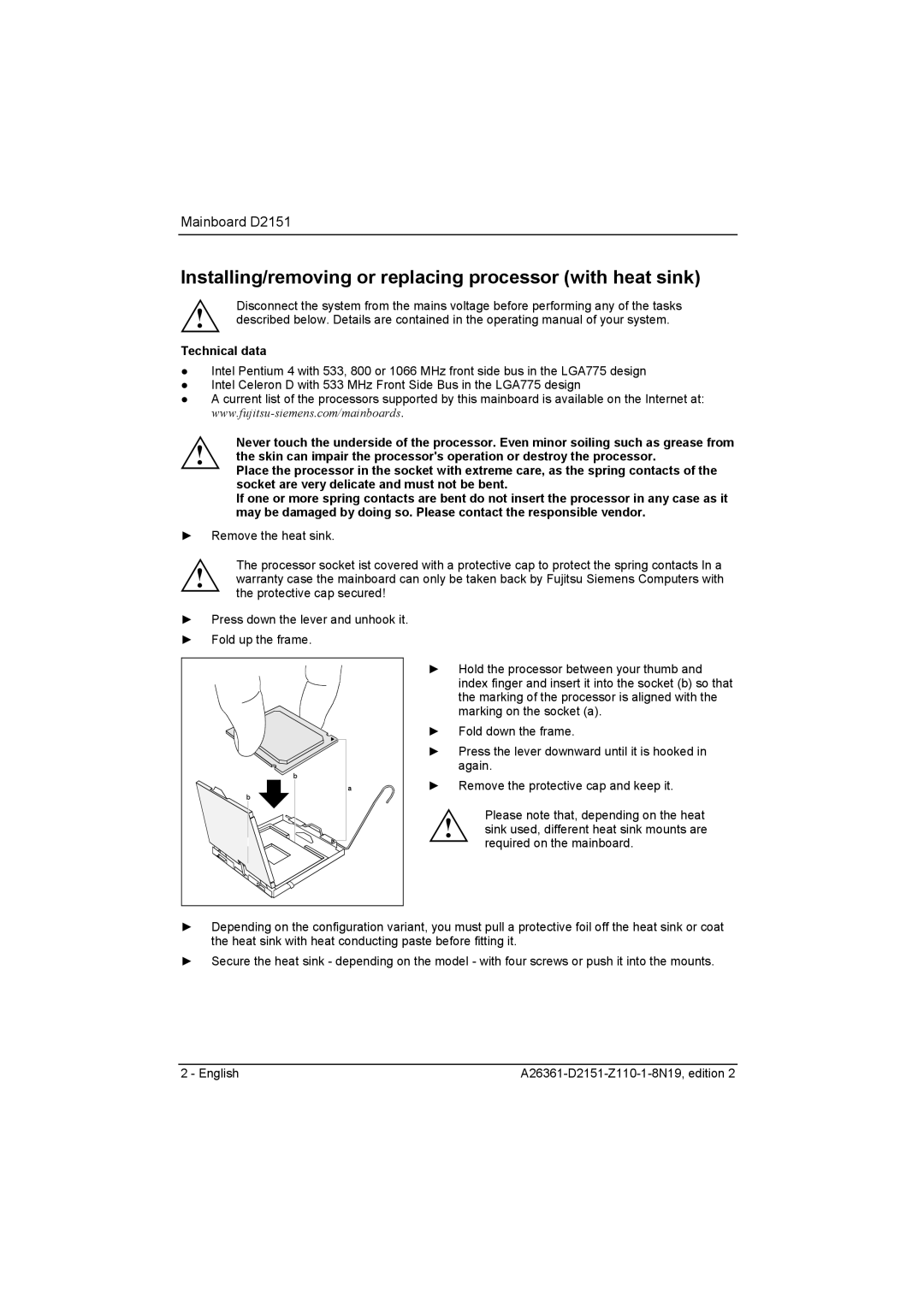 Fujitsu D2151 manual Installing/removing or replacing processor with heat sink, Technical data 