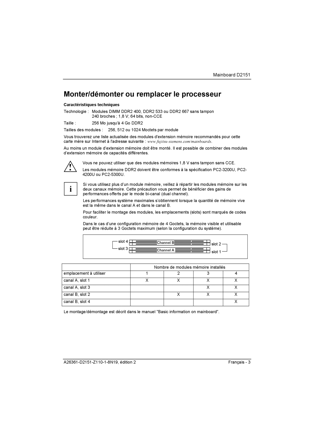 Fujitsu D2151 manual Monter/démonter ou remplacer le processeur 