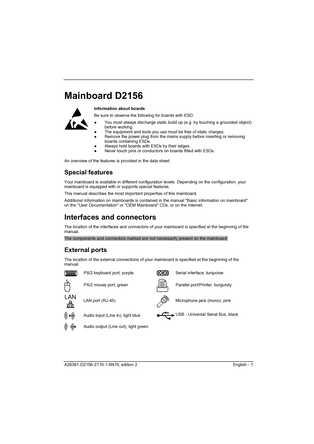 Fujitsu D2156 manual Interfaces and connectors, Special features, External ports, Information about boards 