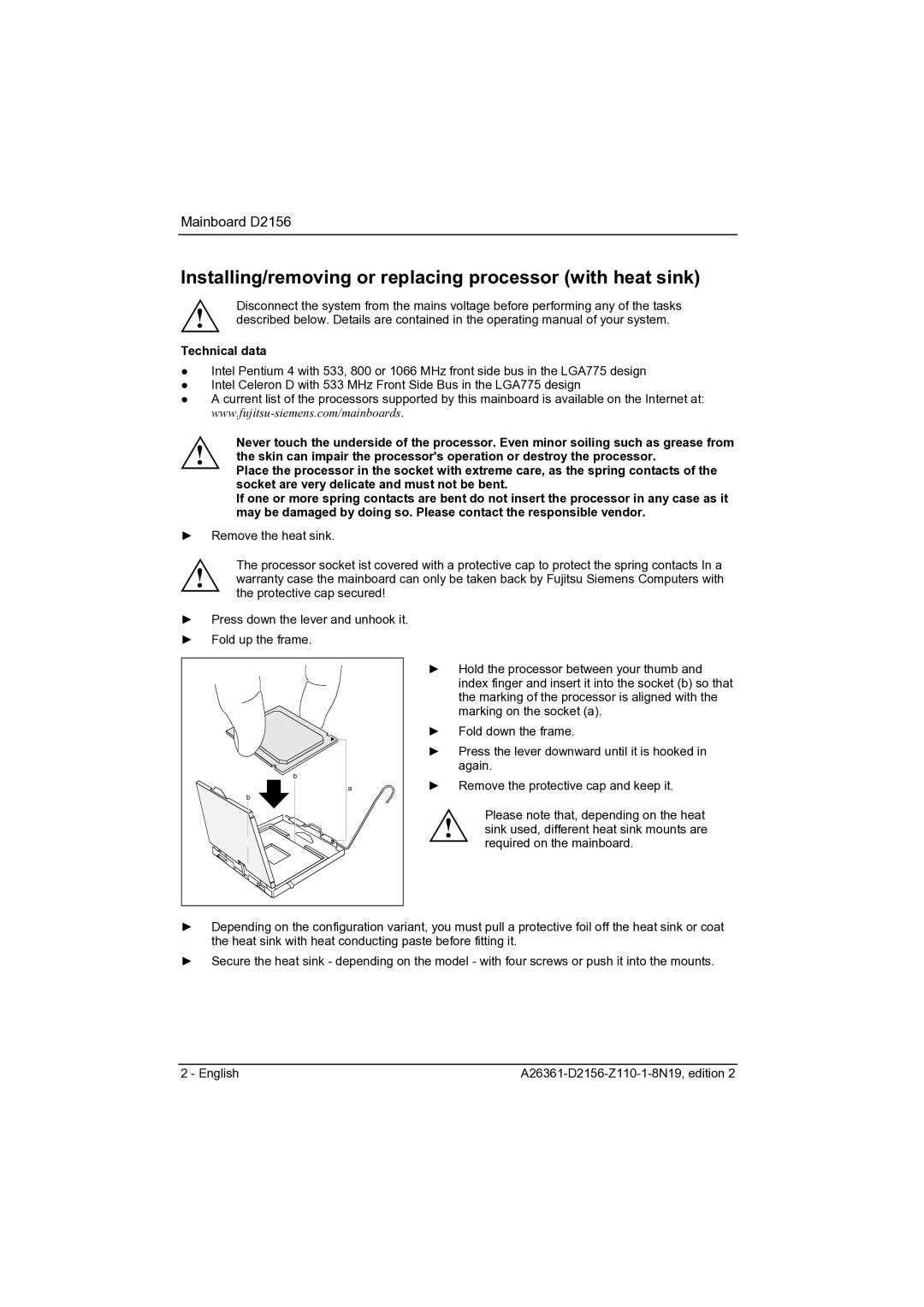 Fujitsu D2156 manual Installing/removing or replacing processor with heat sink, Technical data 