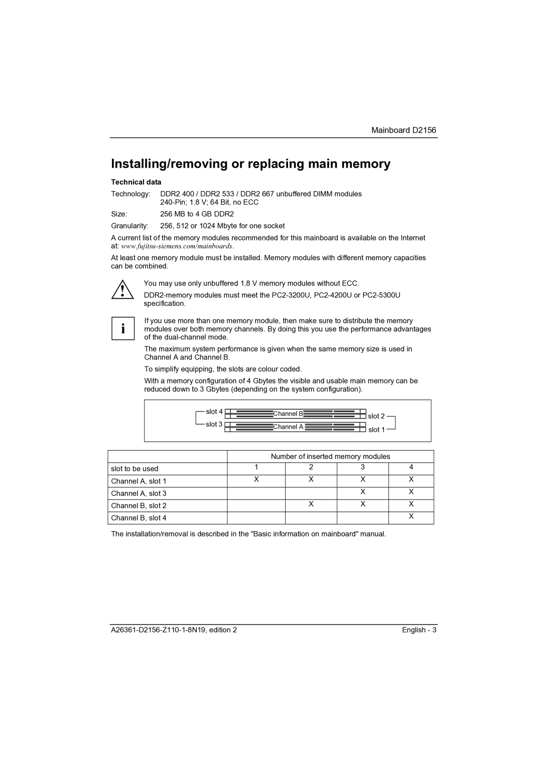 Fujitsu D2156 manual Installing/removing or replacing main memory 