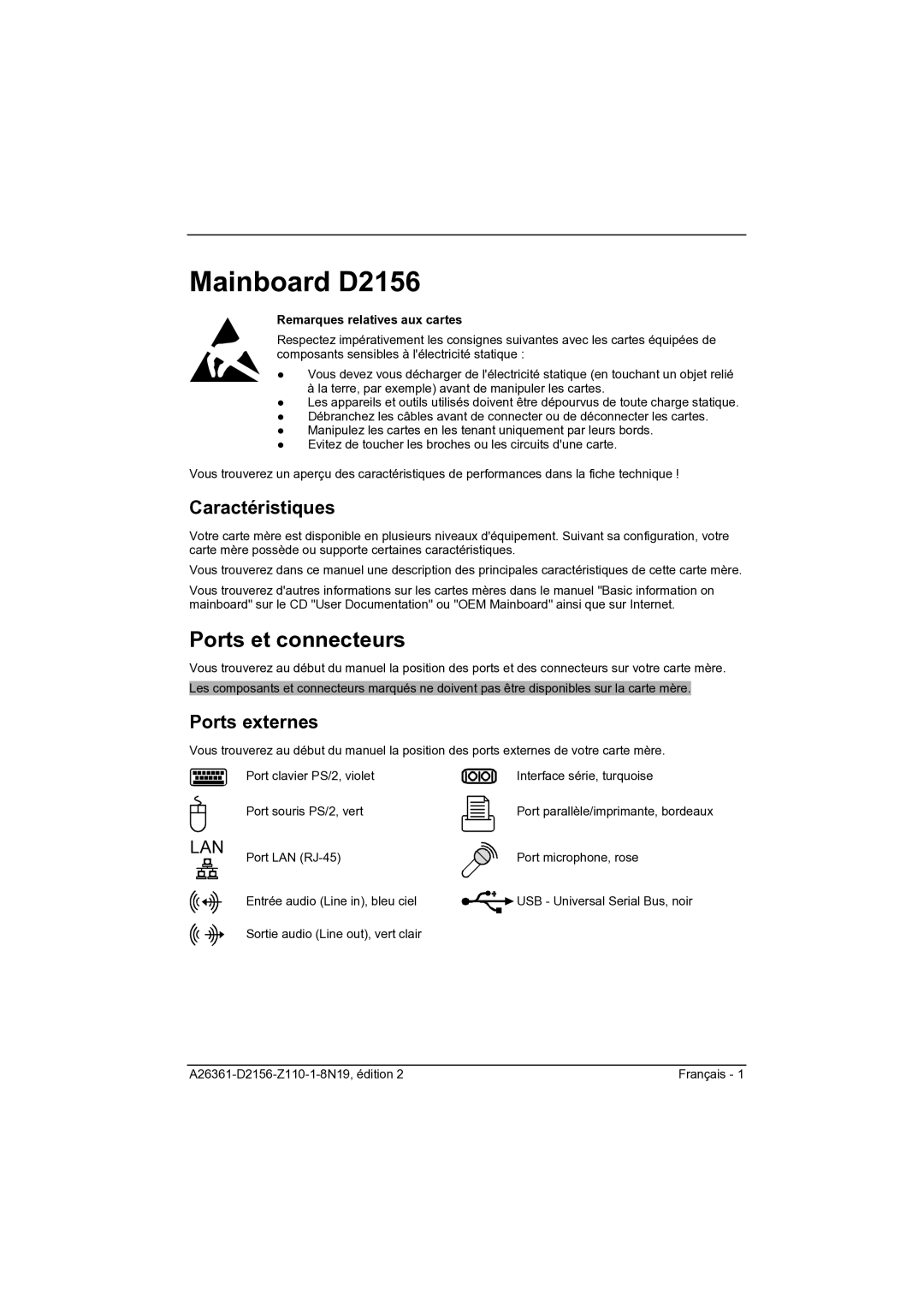 Fujitsu D2156 manual Ports et connecteurs, Caractéristiques, Ports externes, Remarques relatives aux cartes 