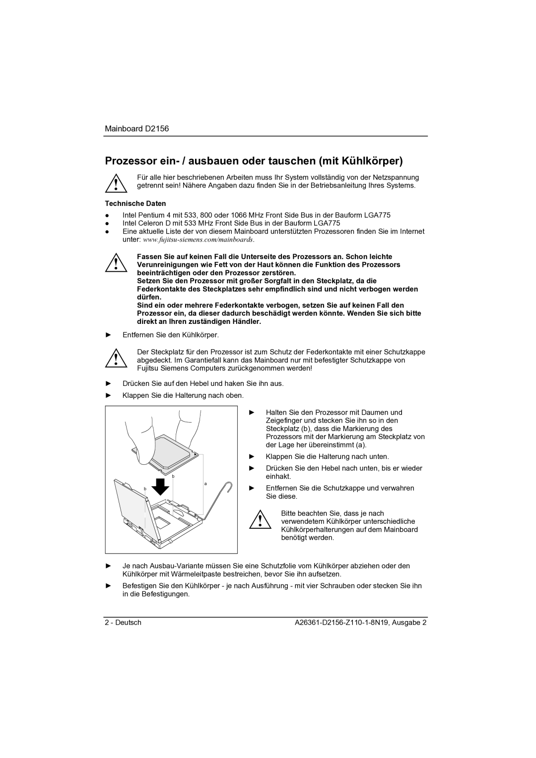 Fujitsu D2156 manual Prozessor ein- / ausbauen oder tauschen mit Kühlkörper, Technische Daten 