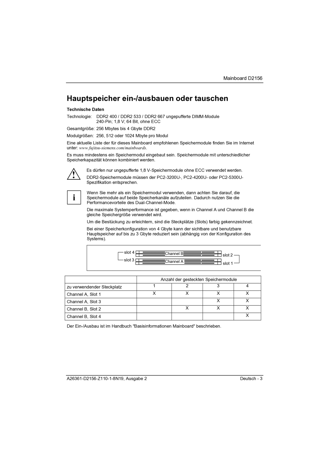 Fujitsu D2156 manual Hauptspeicher ein-/ausbauen oder tauschen 