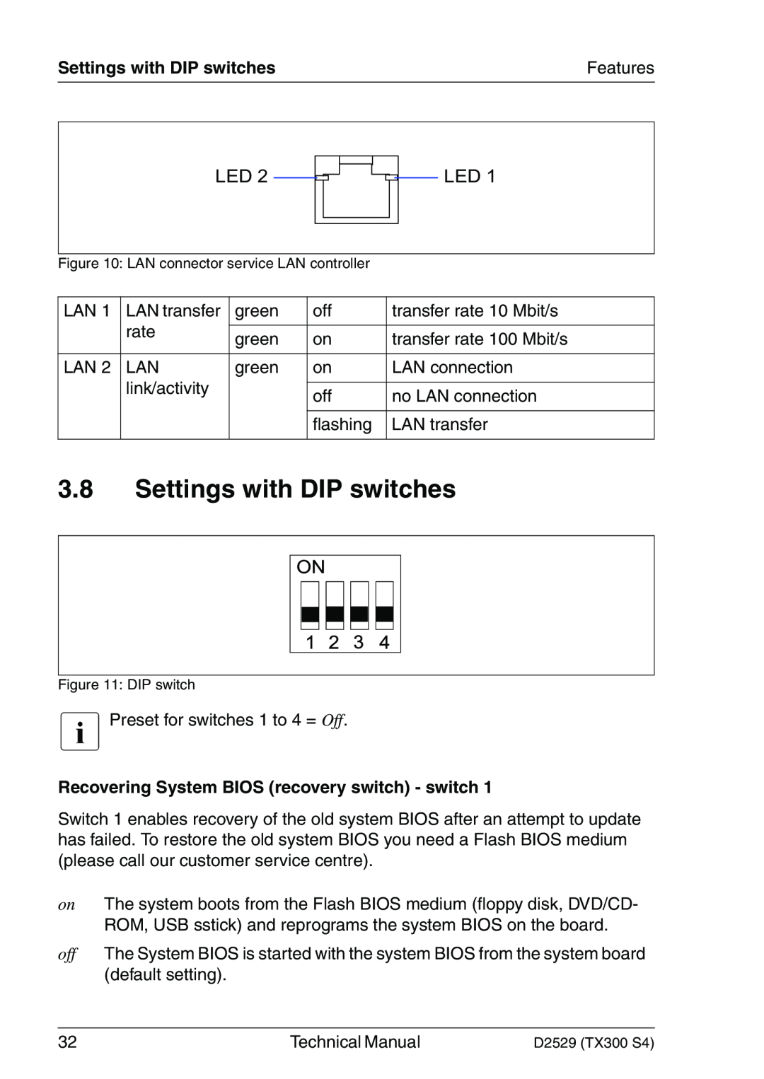 Fujitsu D2529 technical manual Settings with DIP switches, Recovering System BIOS recovery switch - switch 