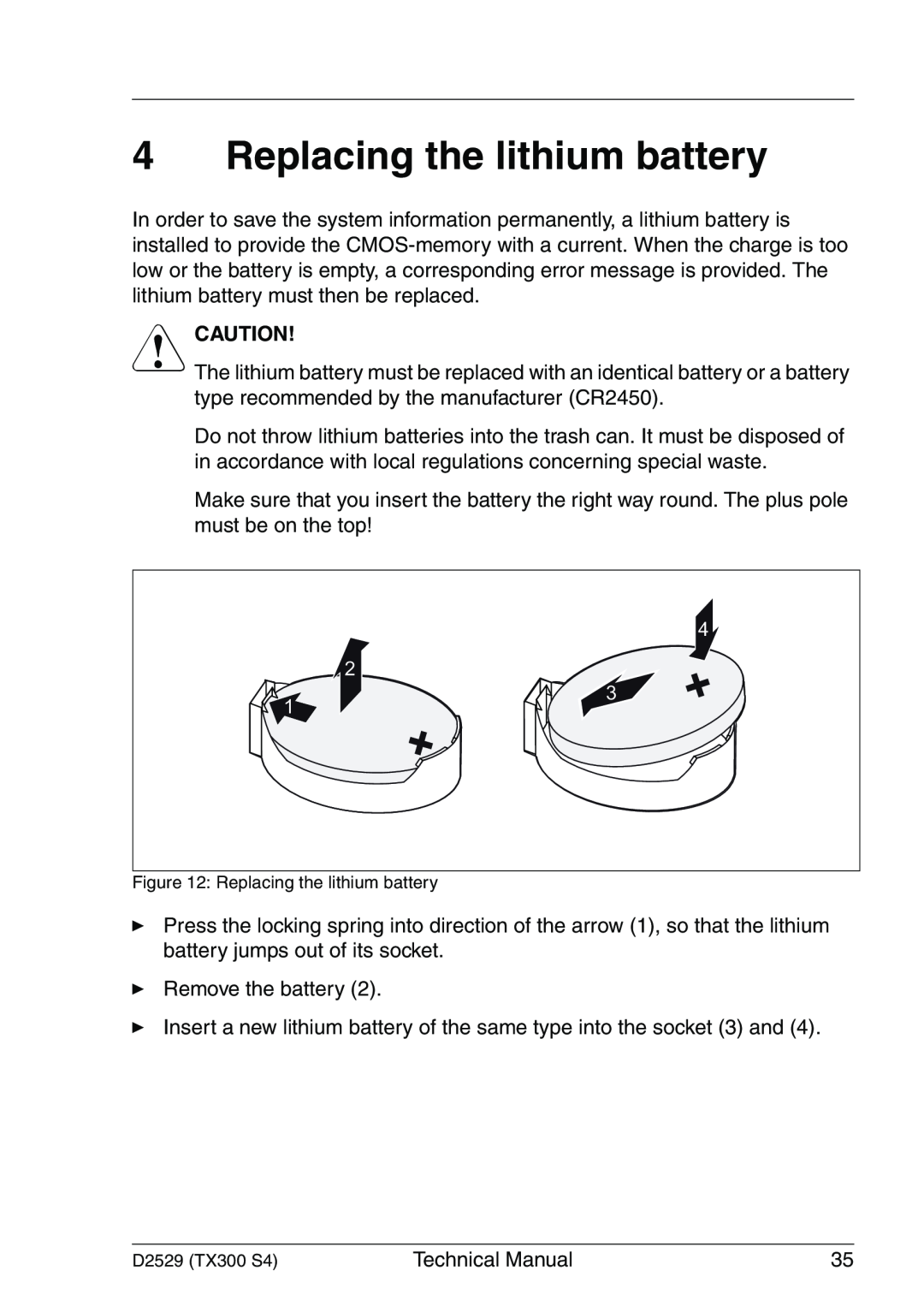 Fujitsu D2529 technical manual Replacing the lithium battery, V Caution 