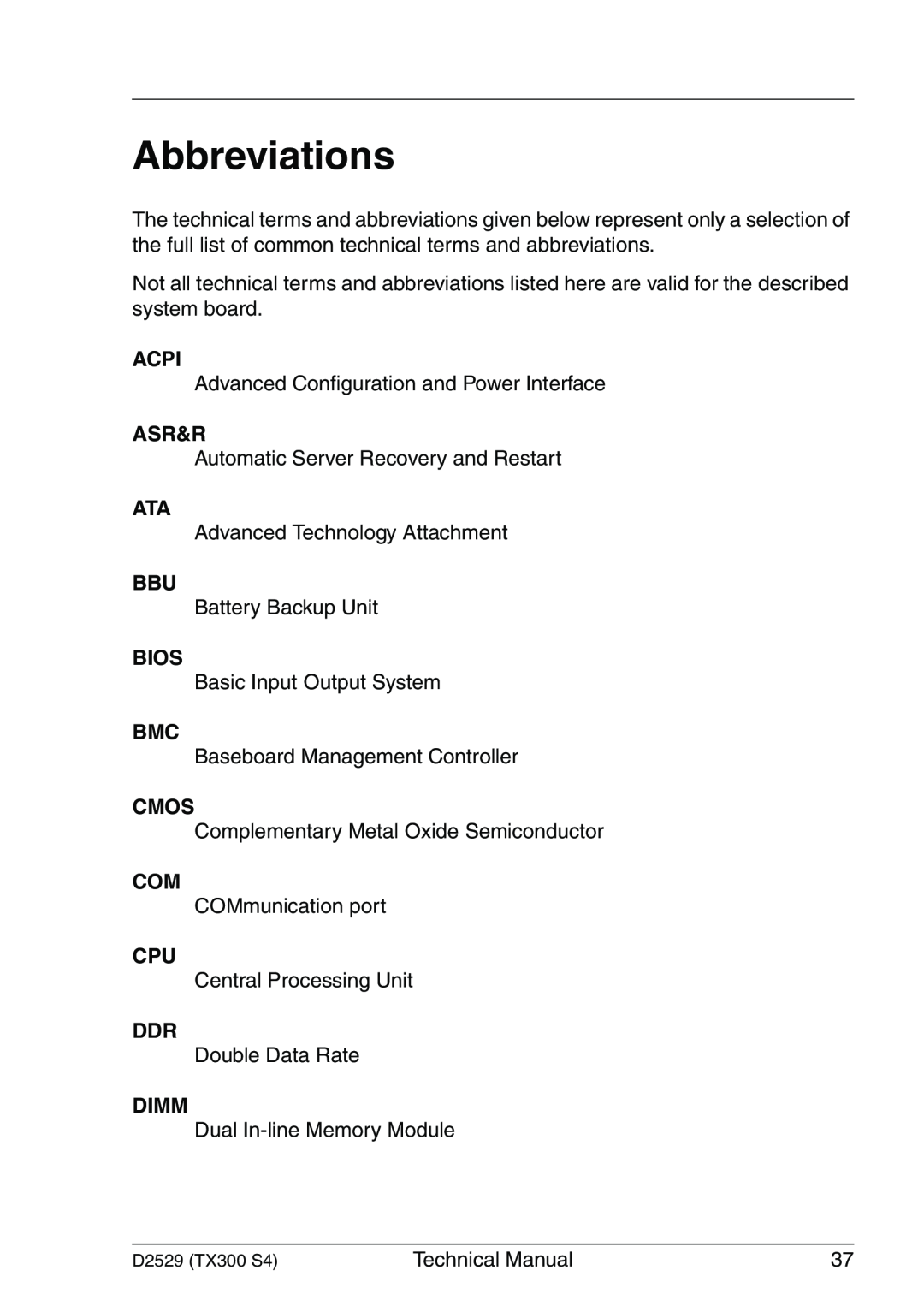 Fujitsu D2529 technical manual Abbreviations, Acpi, Asr&R, Bios, Cmos, Dimm 