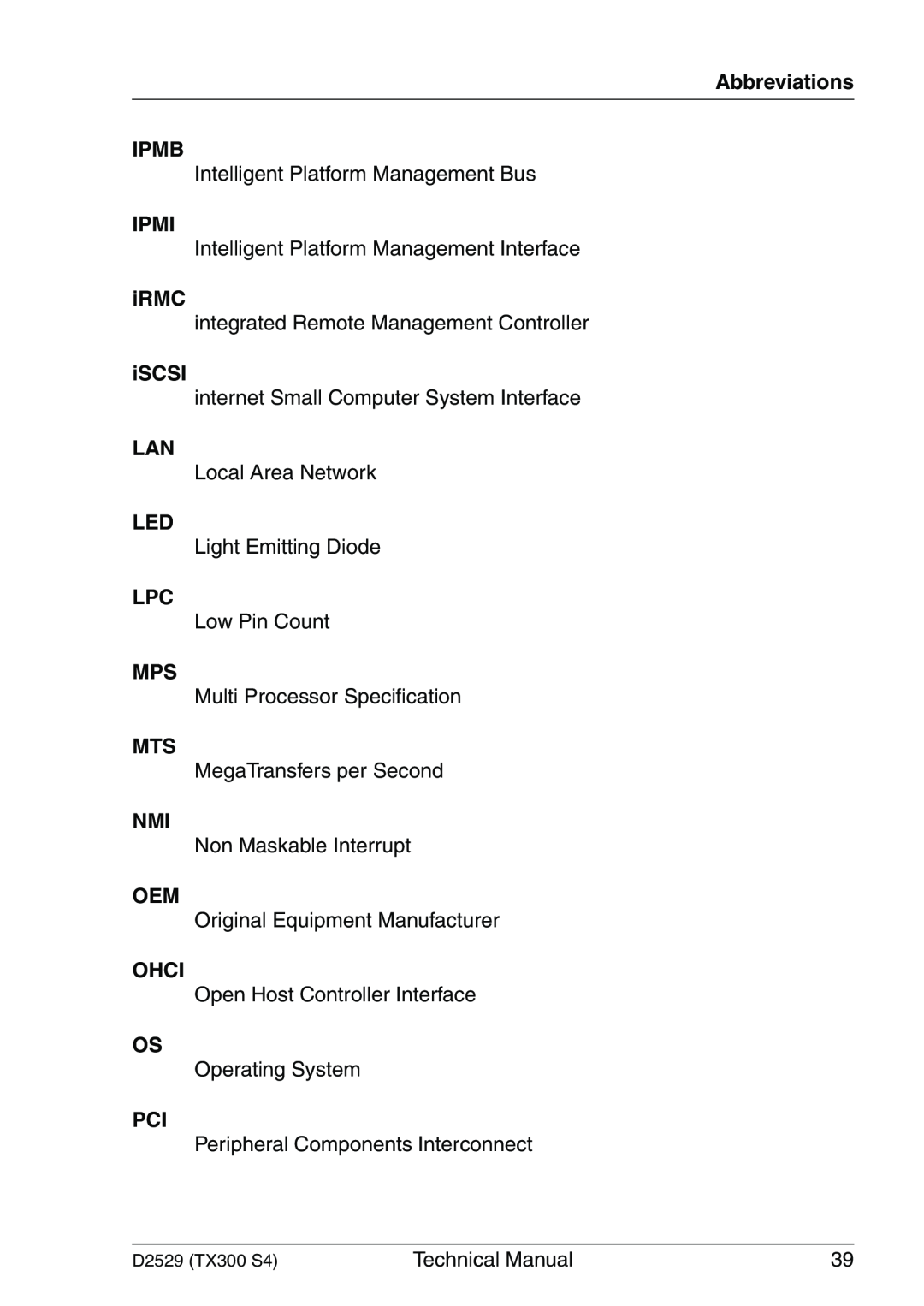 Fujitsu D2529 technical manual Abbreviations IPMB, Ipmi, iRMC, iSCSI, Ohci 