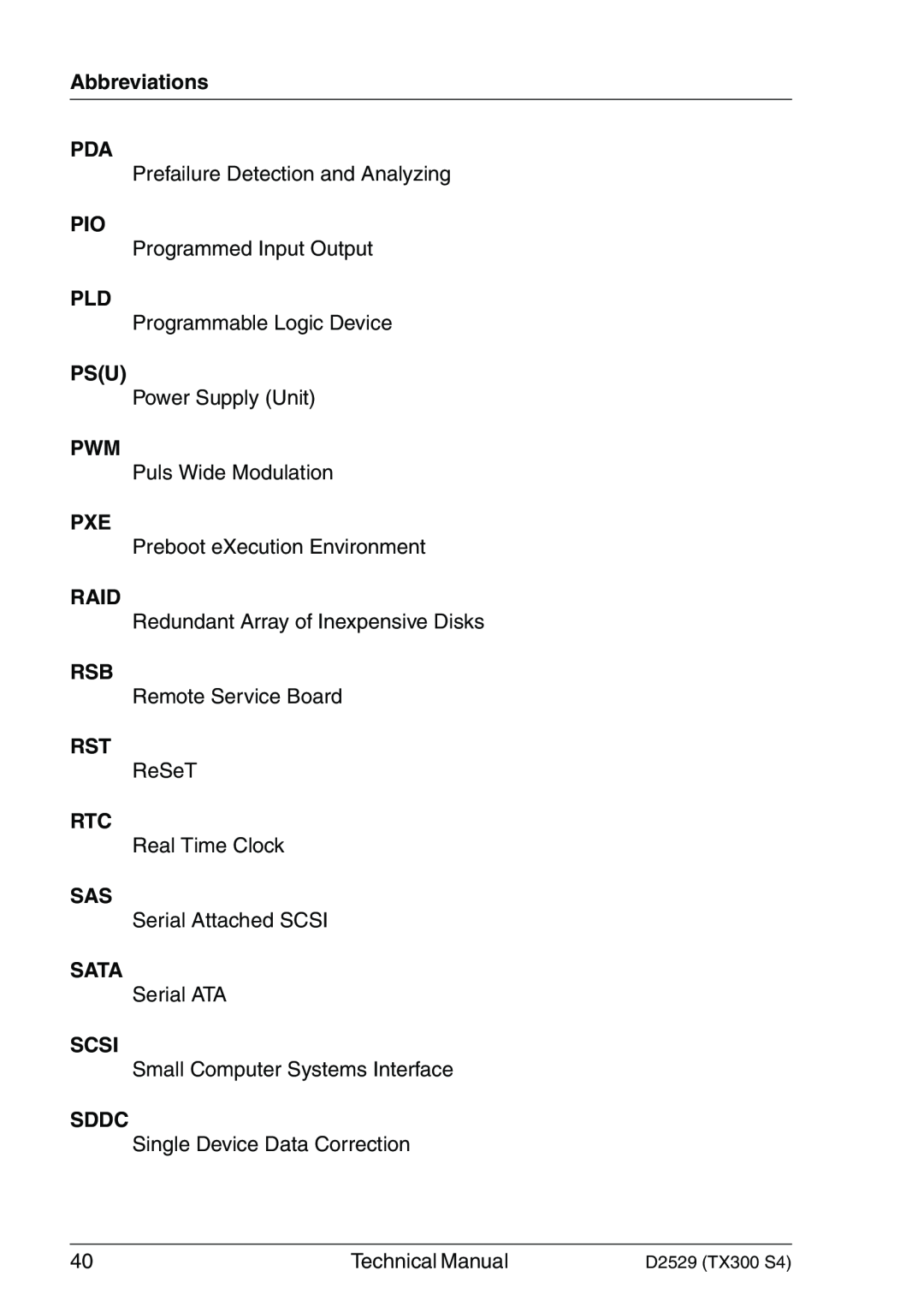 Fujitsu D2529 technical manual Abbreviations PDA, Raid, Sata, Scsi, Sddc 