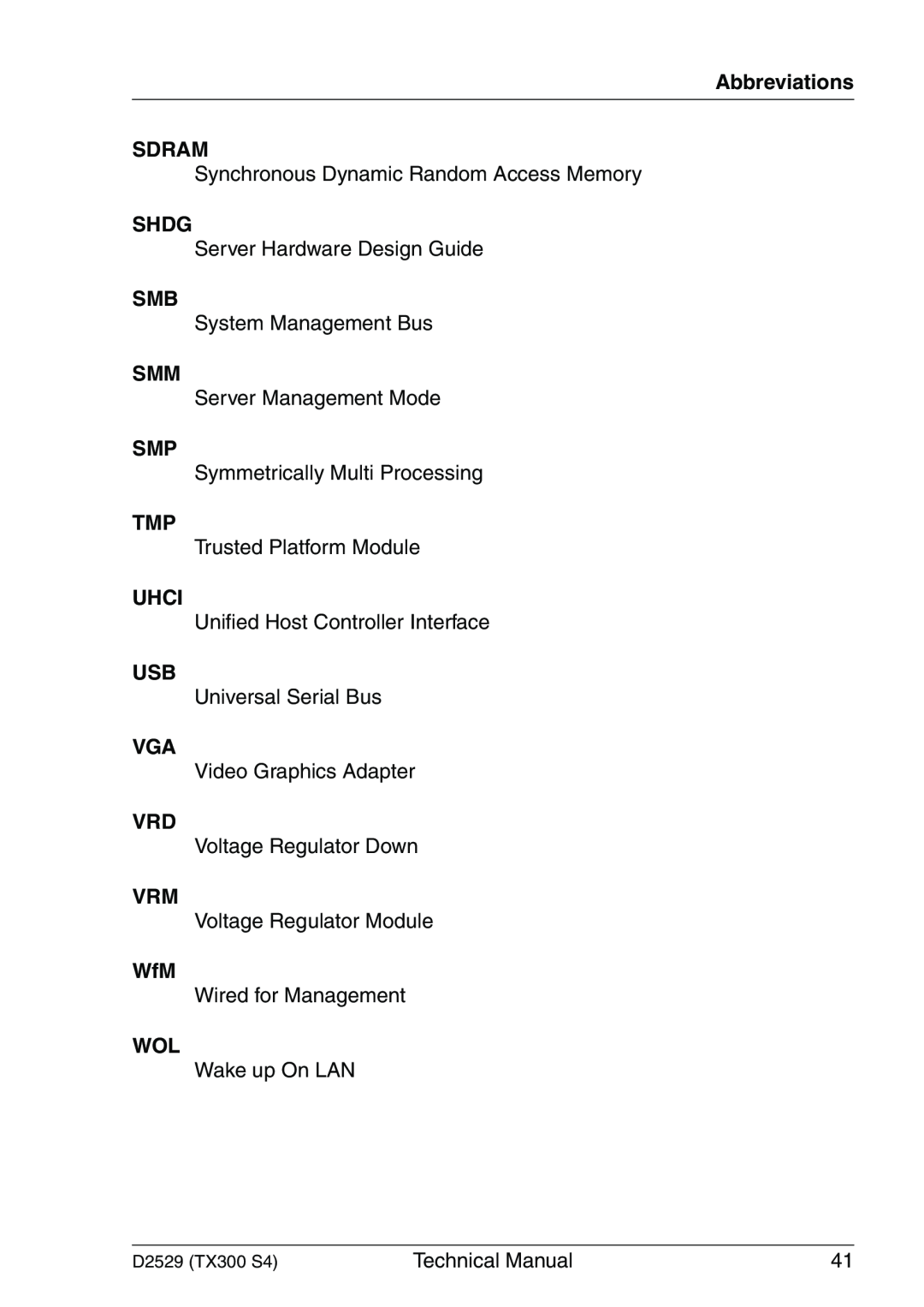 Fujitsu D2529 technical manual Abbreviations SDRAM, Shdg, Uhci 