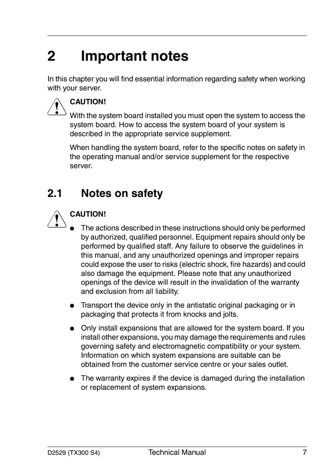 Fujitsu D2529 technical manual Important notes, Notes on safety, V Caution 