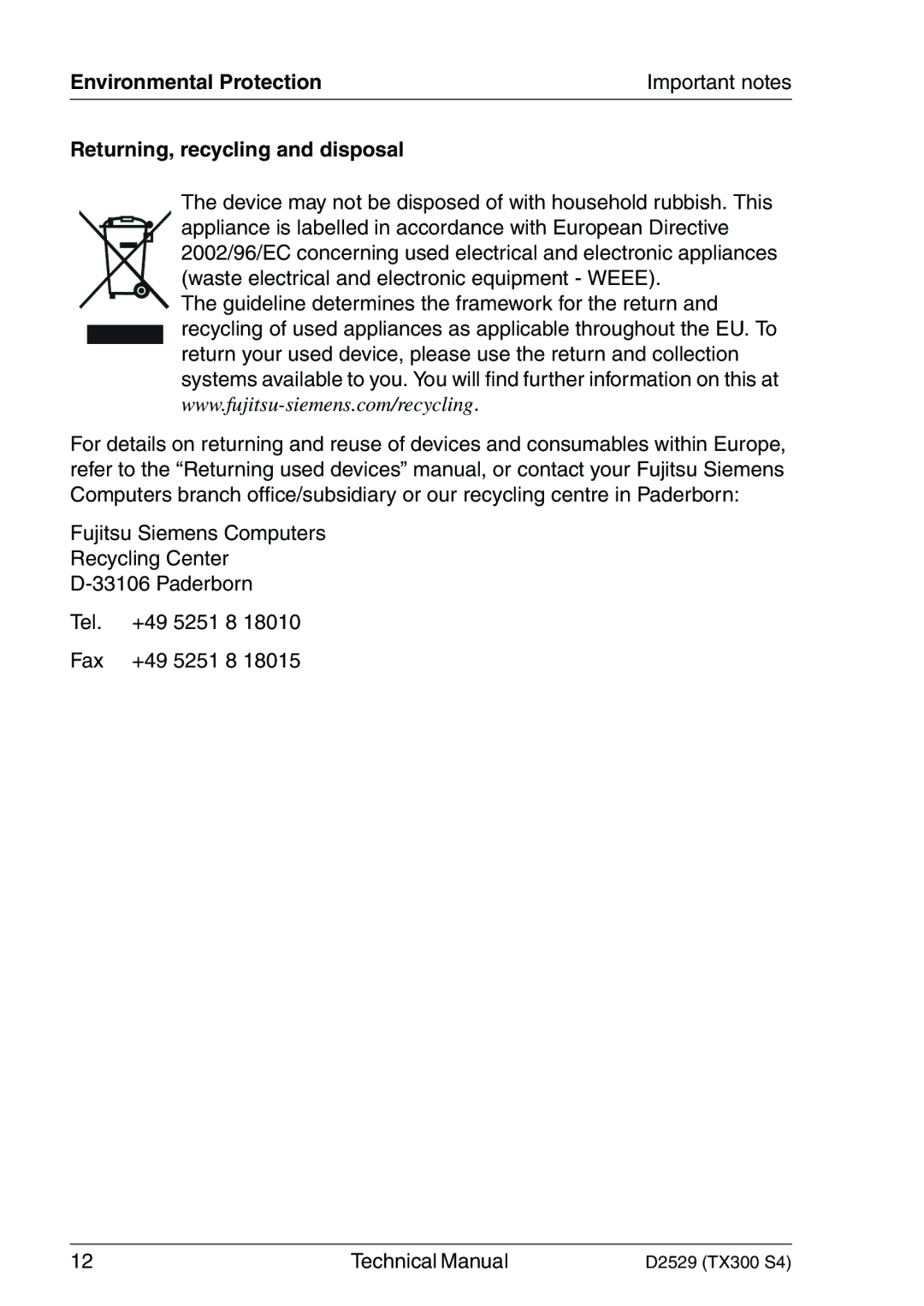 Fujitsu D2529 technical manual Environmental Protection, Returning, recycling and disposal 