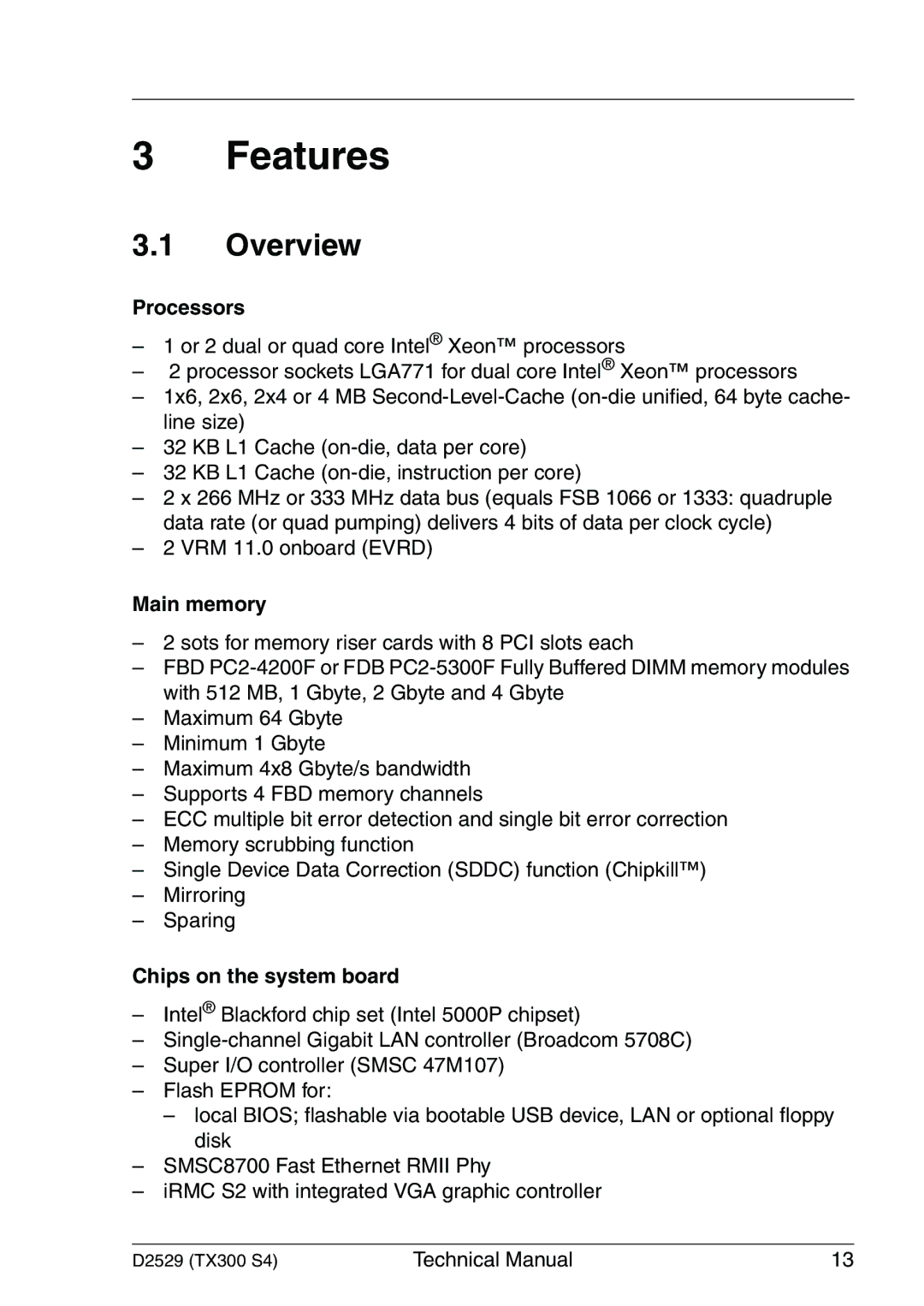 Fujitsu D2529 technical manual Features, Overview, Processors, Main memory, Chips on the system board 