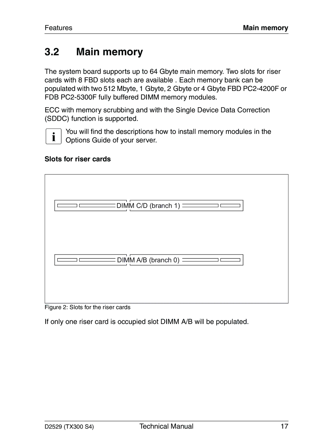 Fujitsu D2529 technical manual Main memory, Slots for riser cards 