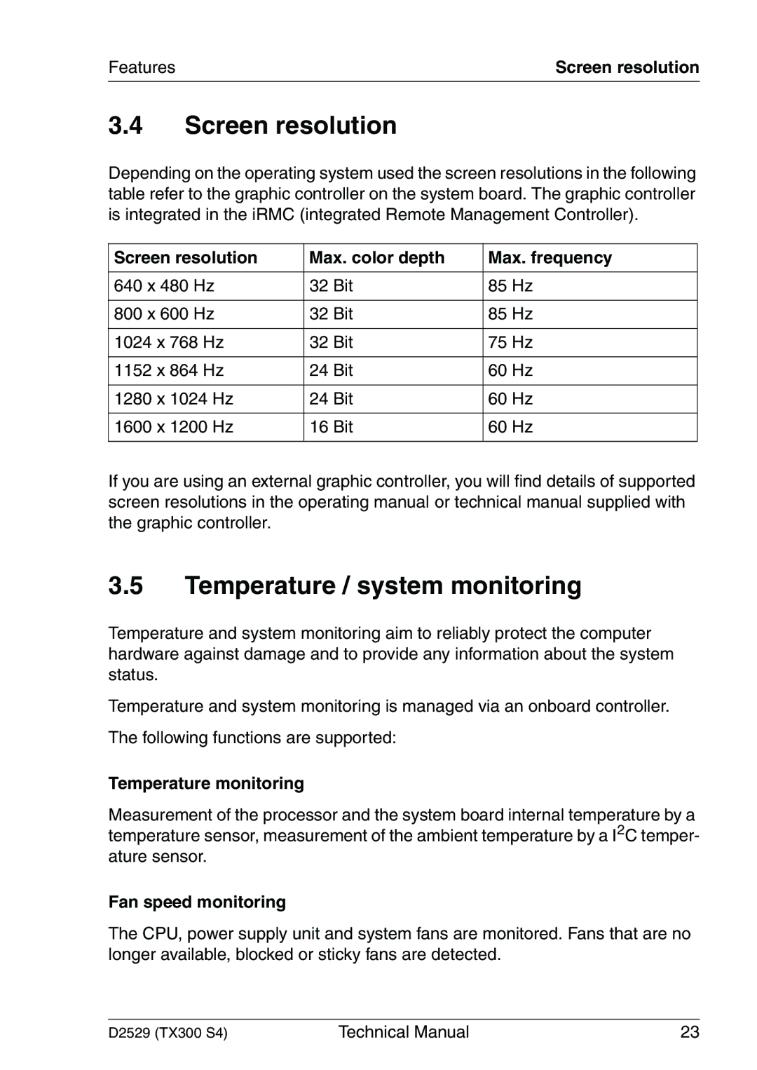 Fujitsu D2529 Temperature / system monitoring, Screen resolution Max. color depth Max. frequency, Fan speed monitoring 