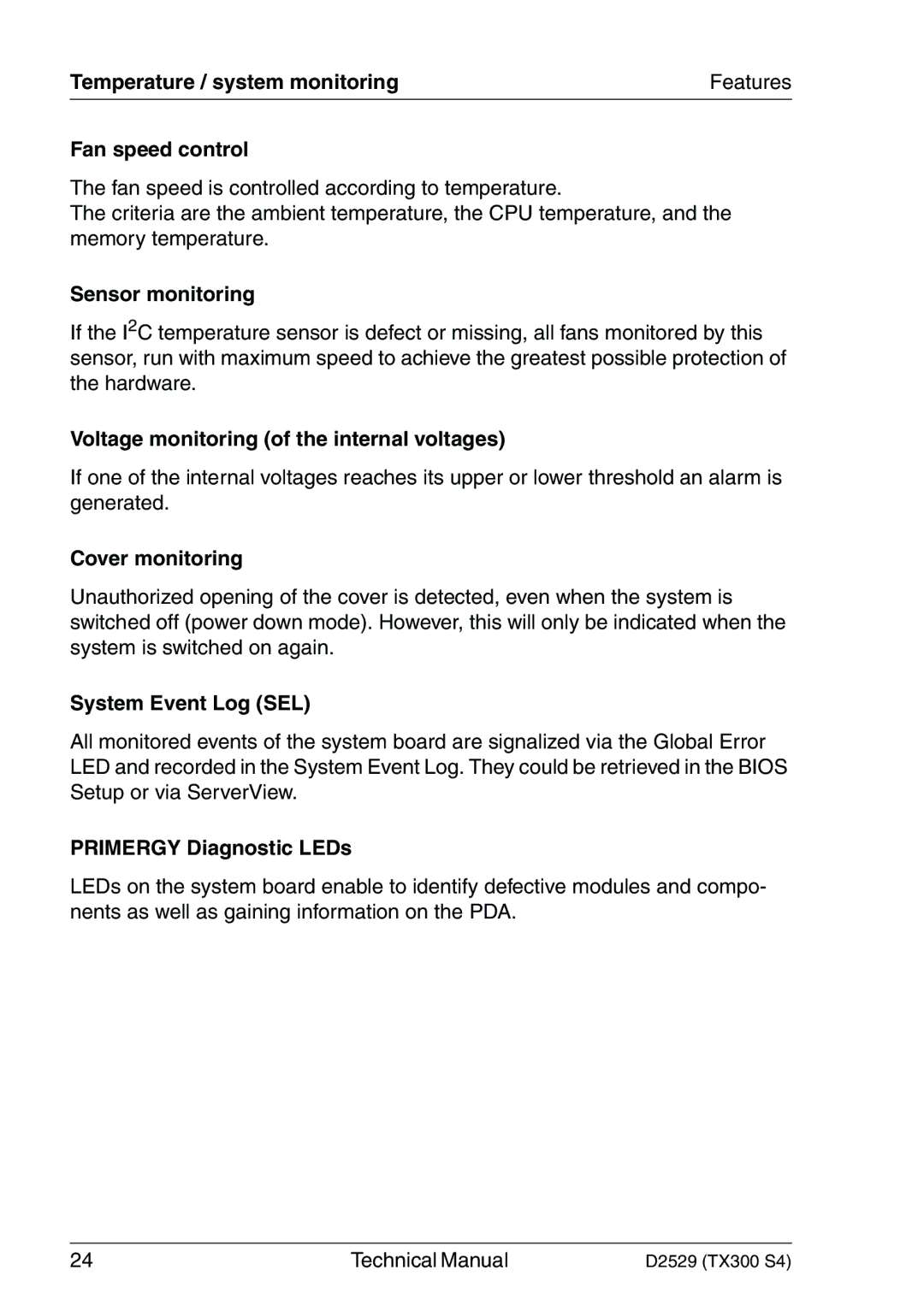 Fujitsu D2529 technical manual Temperature / system monitoring, Fan speed control, Sensor monitoring, Cover monitoring 