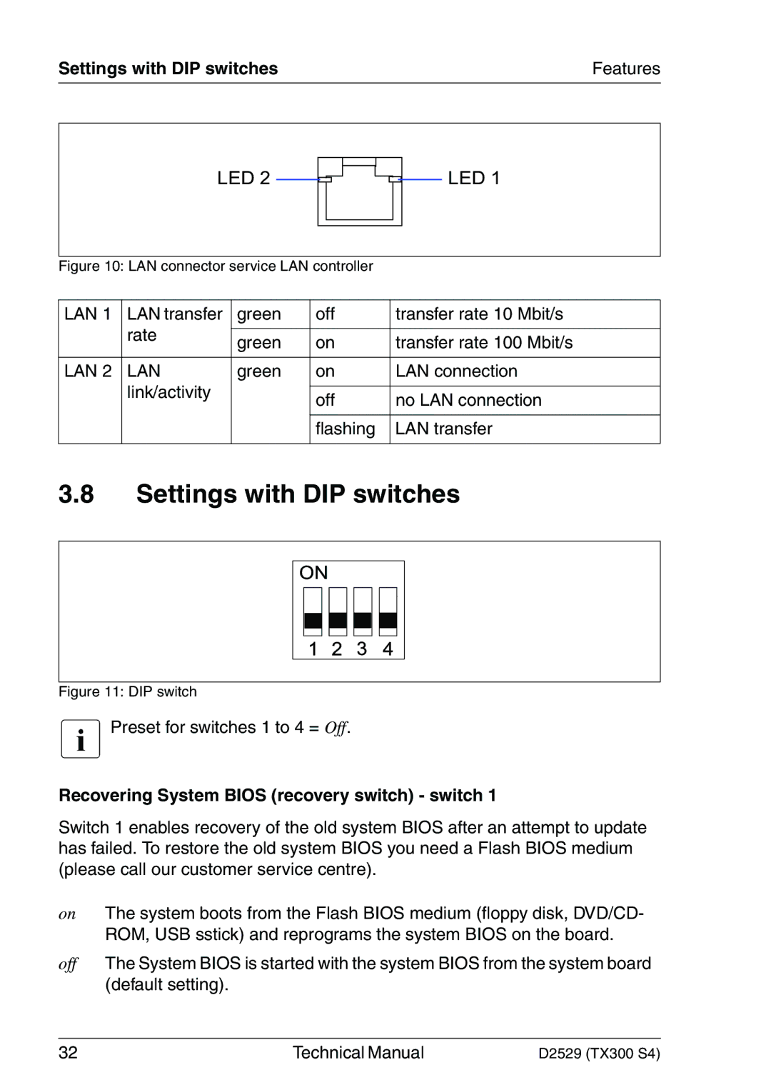 Fujitsu D2529 technical manual Settings with DIP switches, Recovering System Bios recovery switch switch 