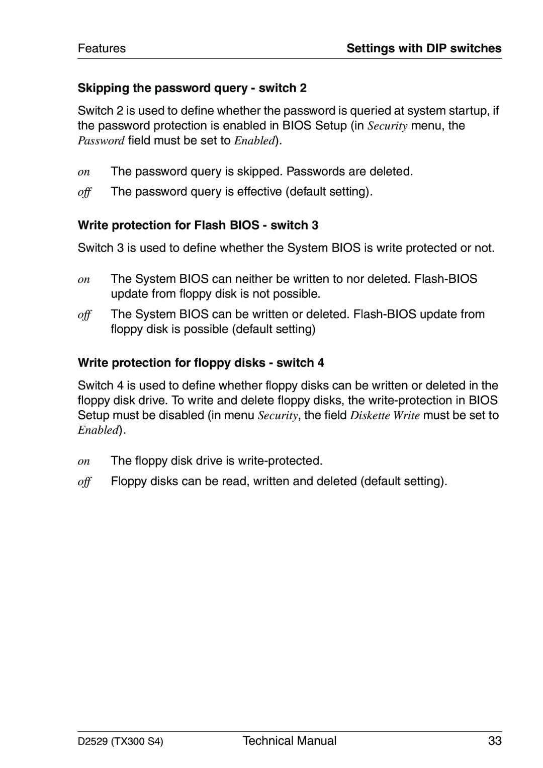 Fujitsu D2529 technical manual Skipping the password query switch, Write protection for Flash Bios switch 