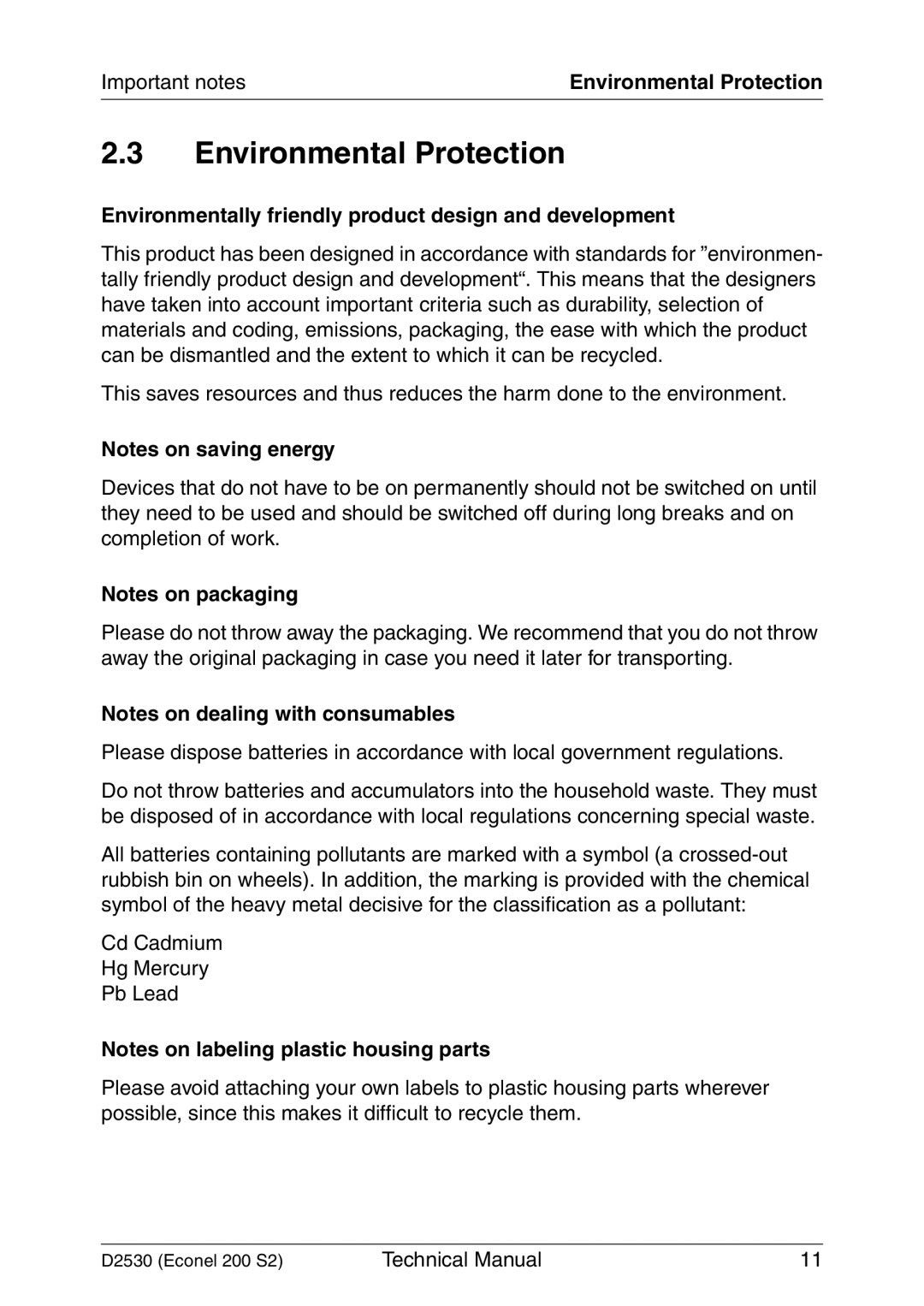 Fujitsu D2530 Environmental Protection, Important notes, Environmentally friendly product design and development 