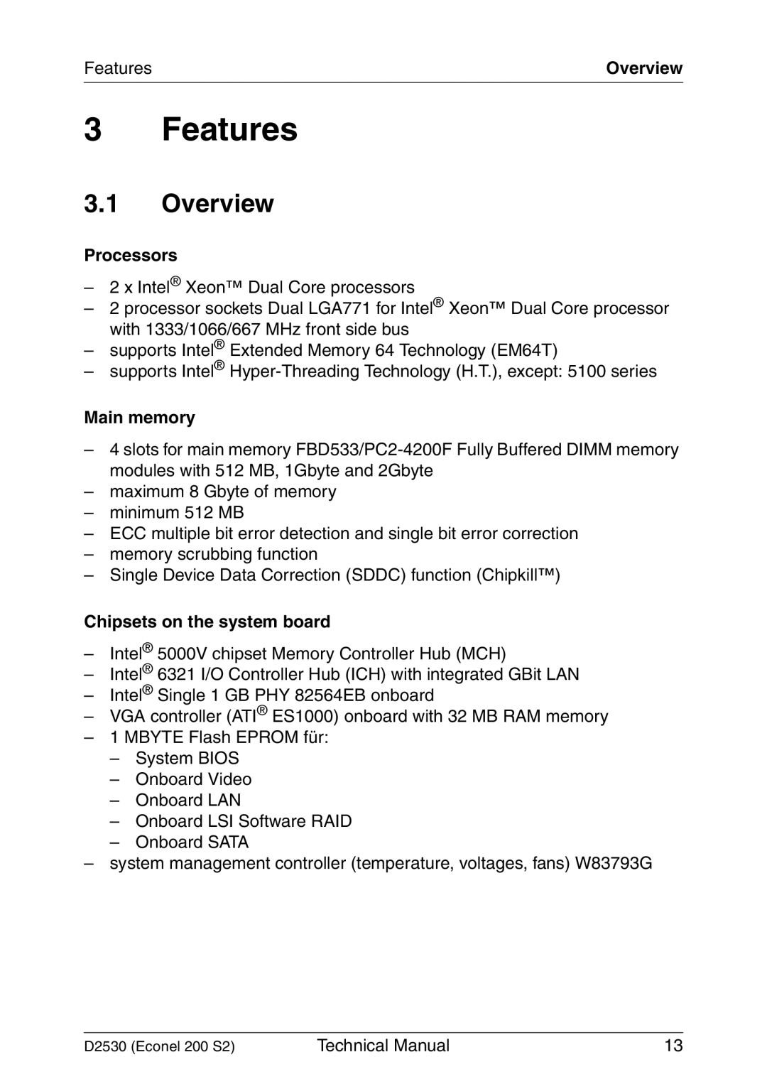 Fujitsu D2530 technical manual Features, Overview 