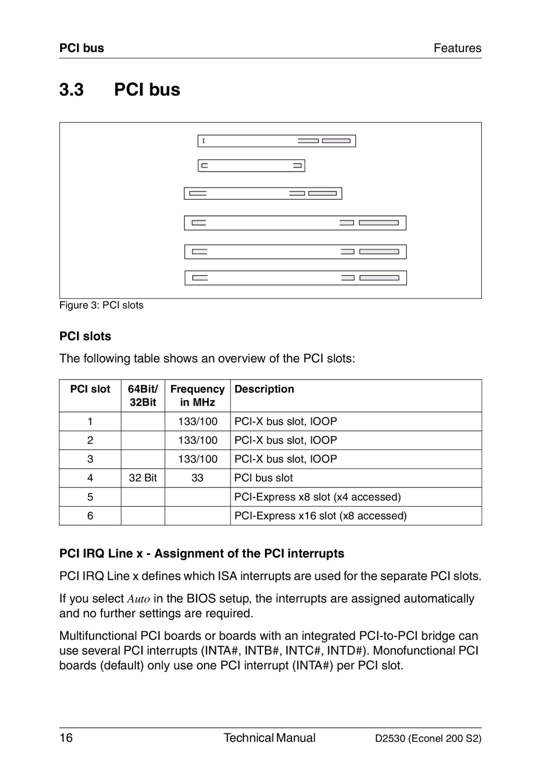 Fujitsu D2530 PCI bus, Following table shows an overview of the PCI slots, PCI IRQ Line x Assignment of the PCI interrupts 