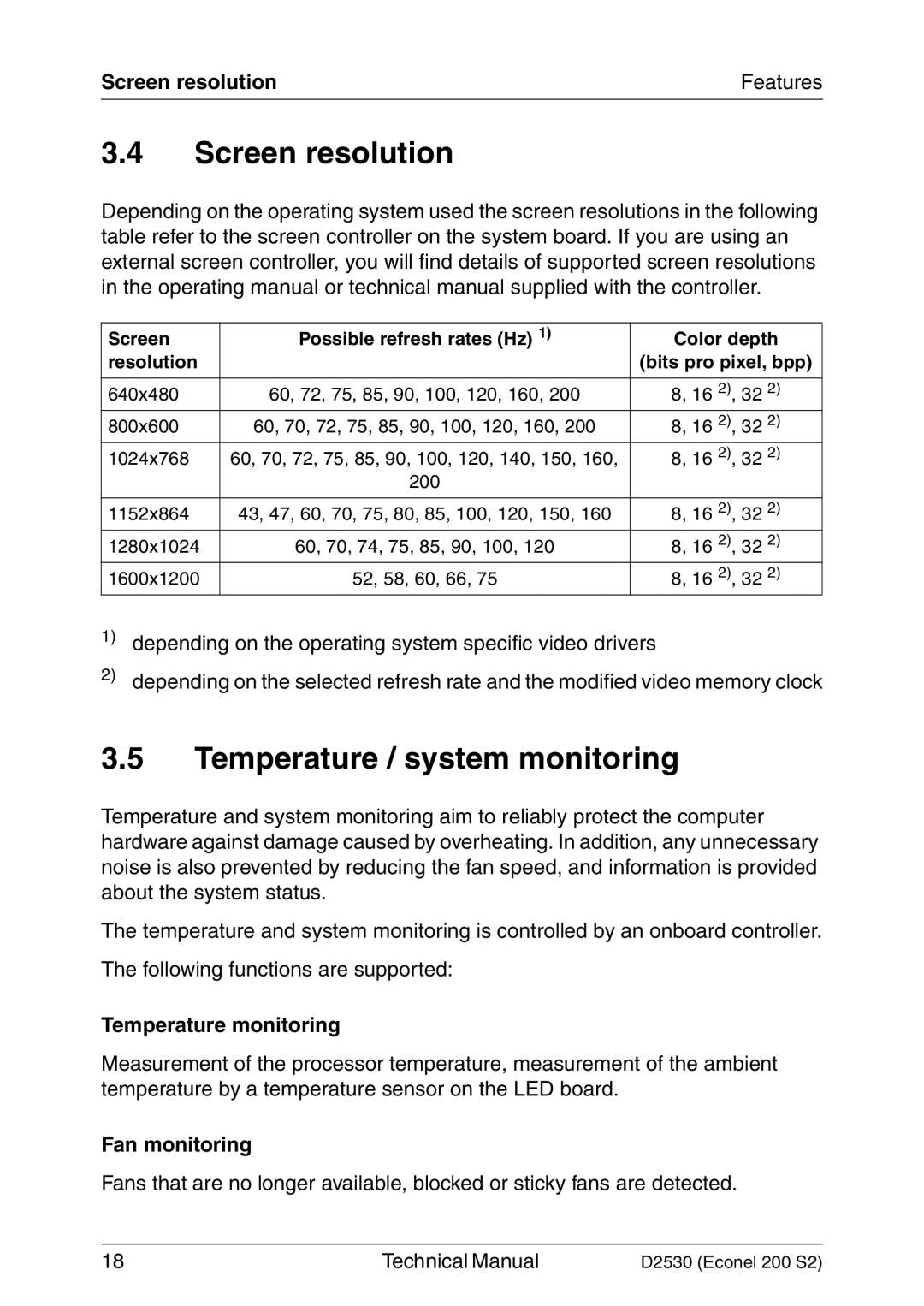 Fujitsu D2530 technical manual Screen resolution, Temperature / system monitoring, Temperature monitoring, Fan monitoring 