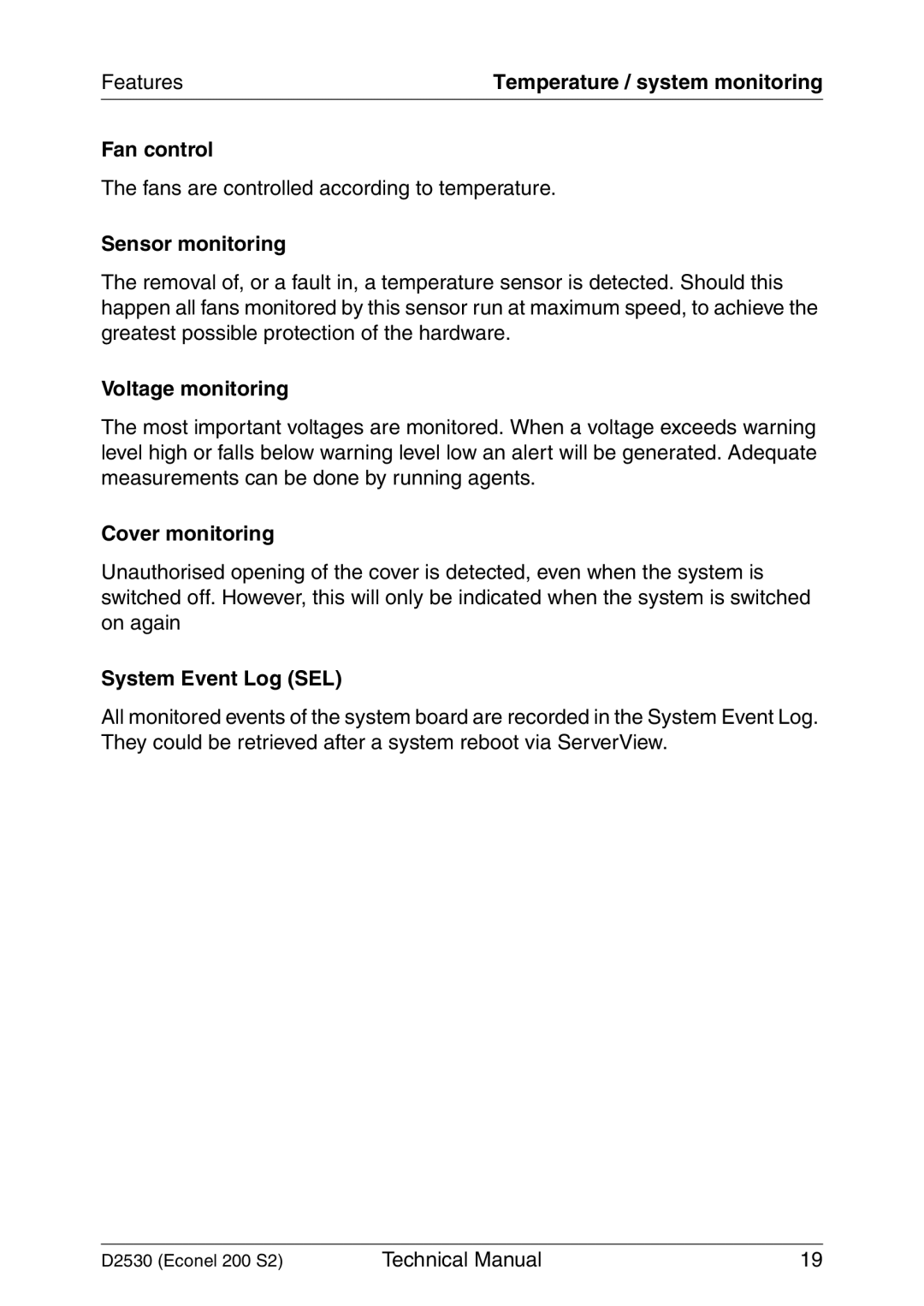 Fujitsu D2530 technical manual Fan control, Sensor monitoring, Voltage monitoring, Cover monitoring, System Event Log SEL 