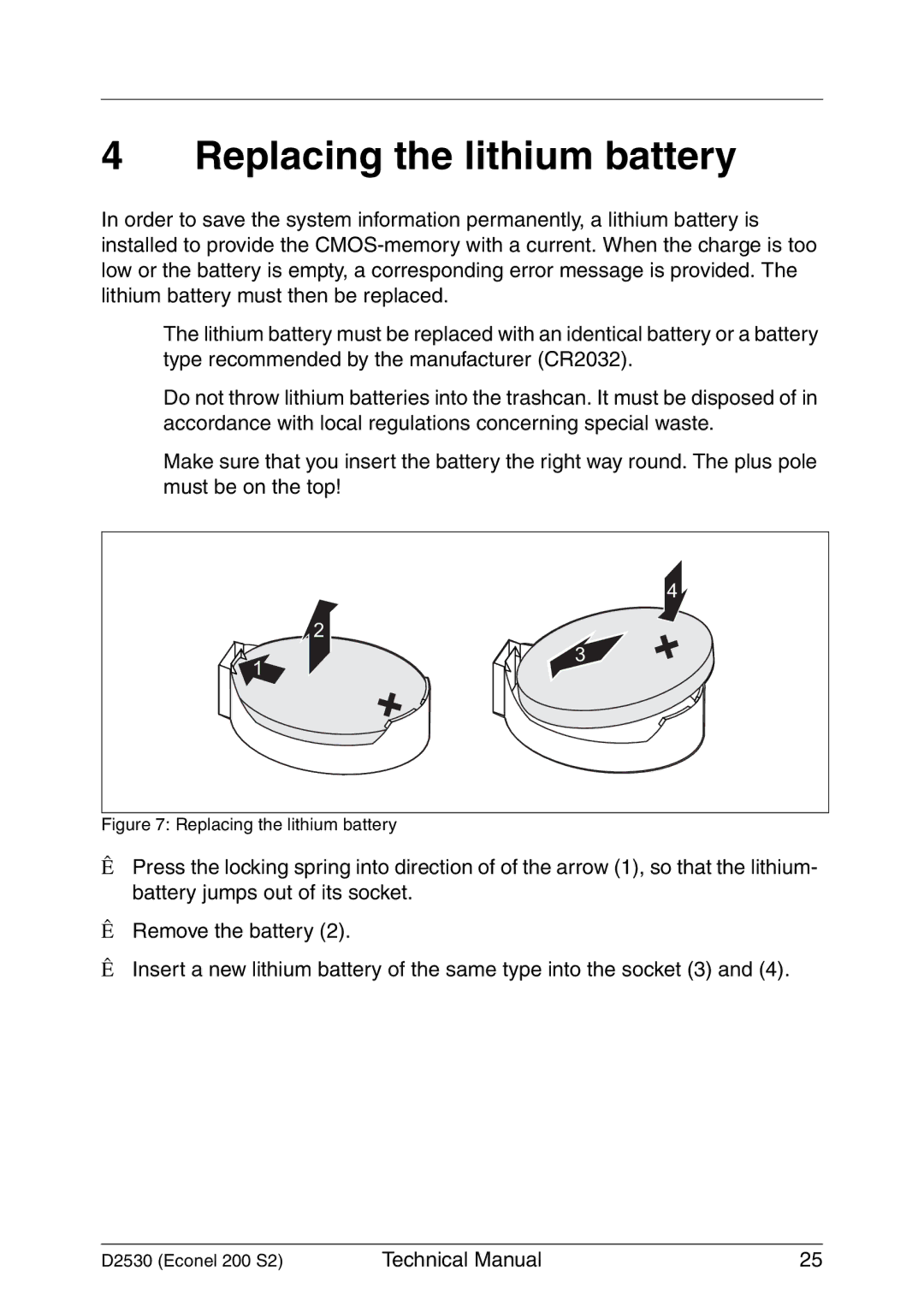 Fujitsu D2530 technical manual Replacing the lithium battery 