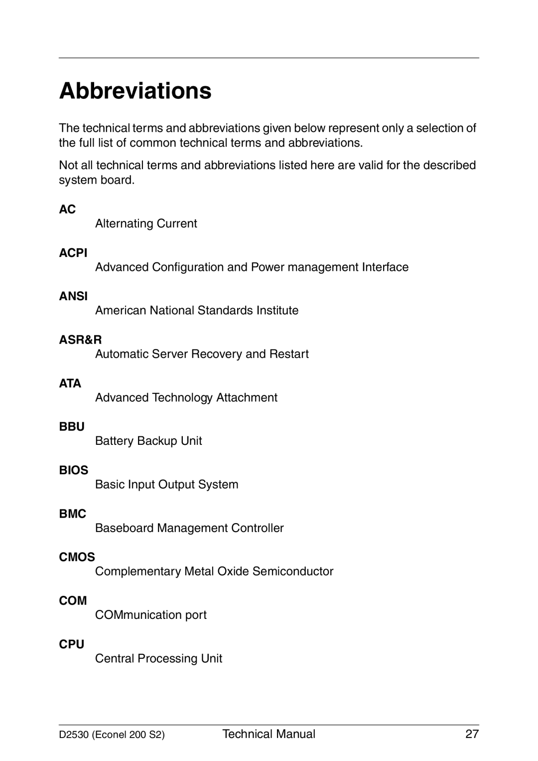 Fujitsu D2530 technical manual Abbreviations 