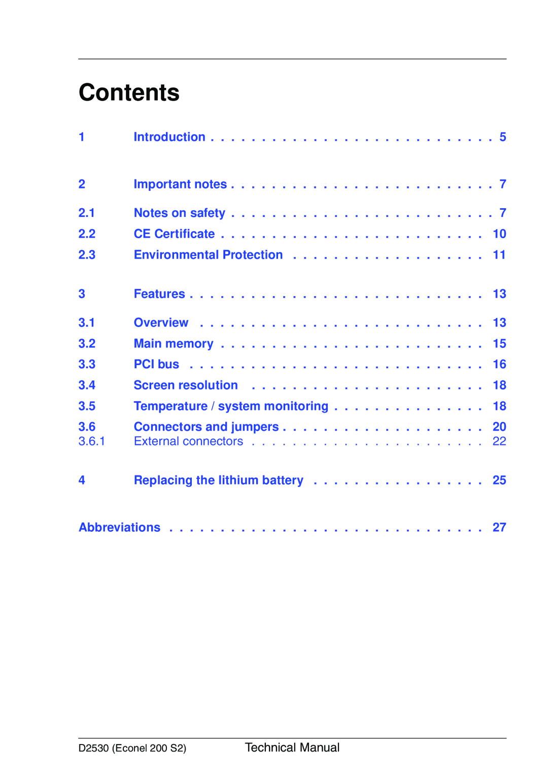 Fujitsu D2530 technical manual Contents 