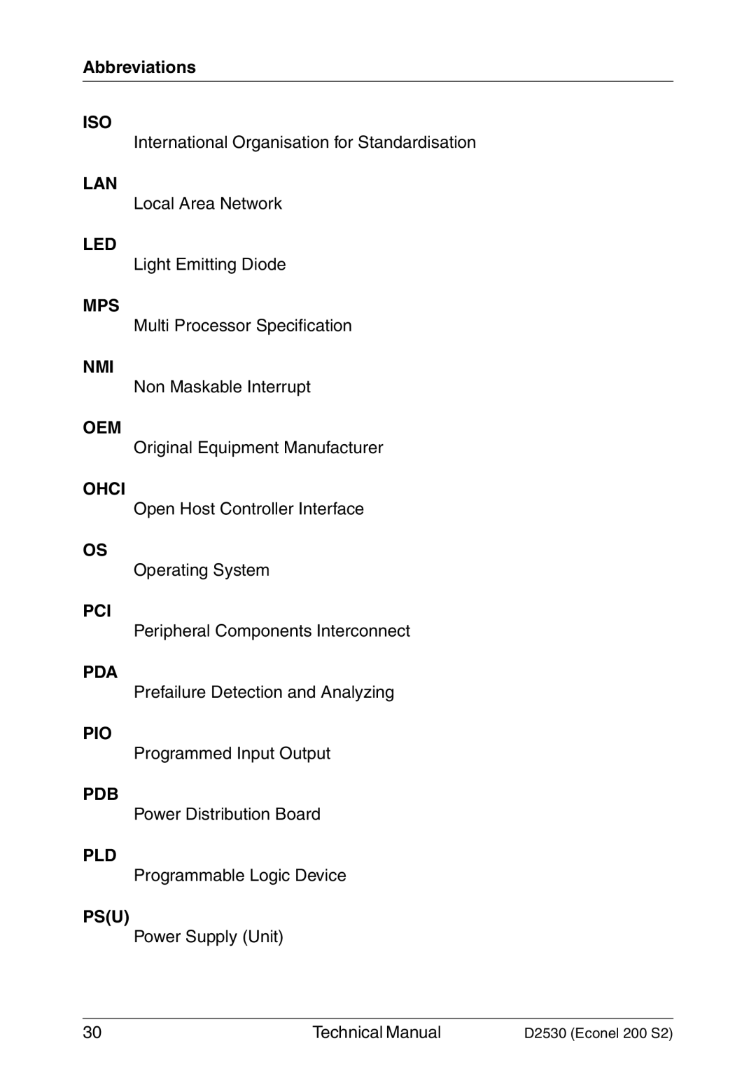 Fujitsu D2530 technical manual Iso, Lan, Mps, Nmi, Oem, Ohci, Pci, Pda, Pio, Pdb, Pld, Psu 