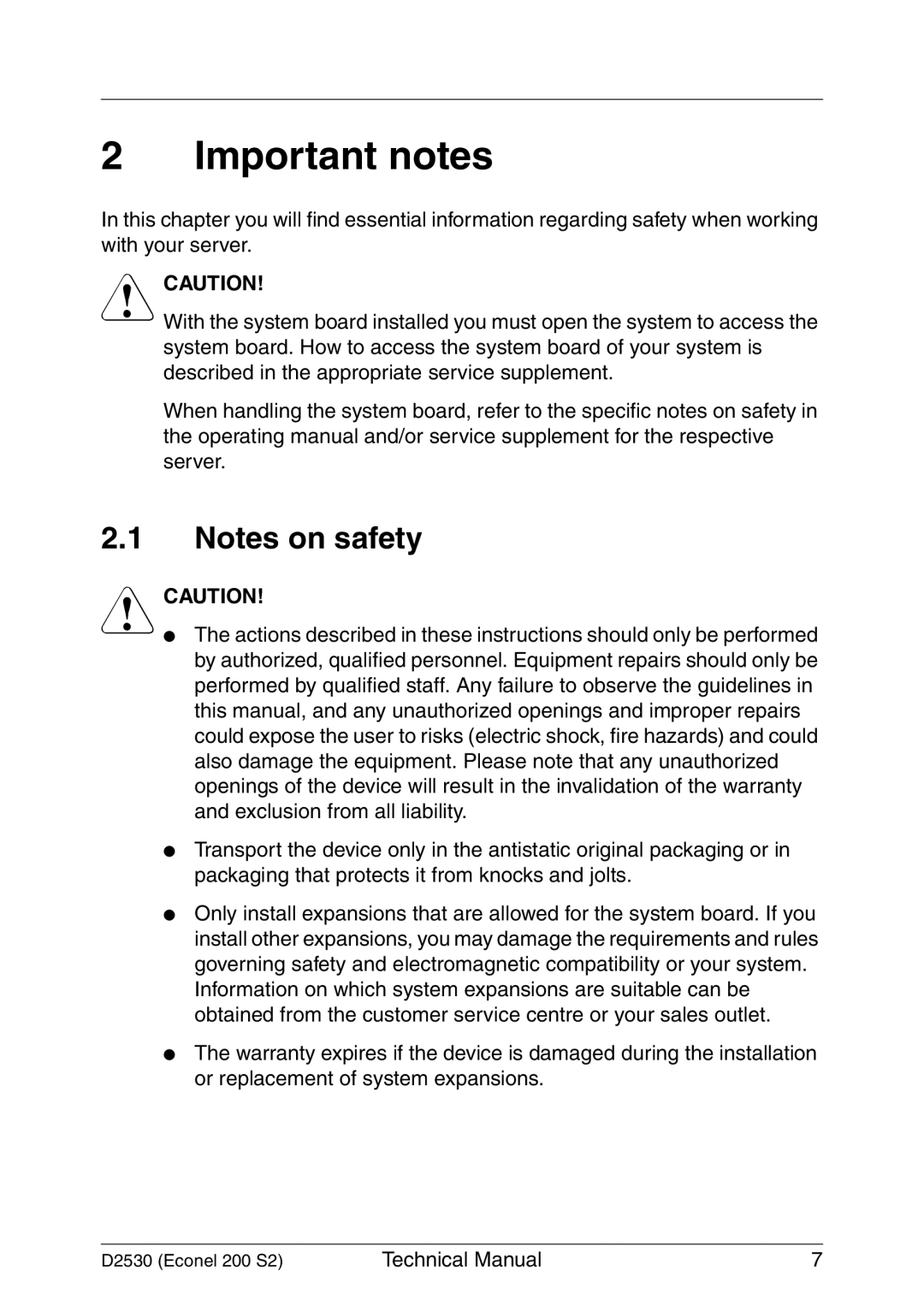 Fujitsu D2530 technical manual Important notes 