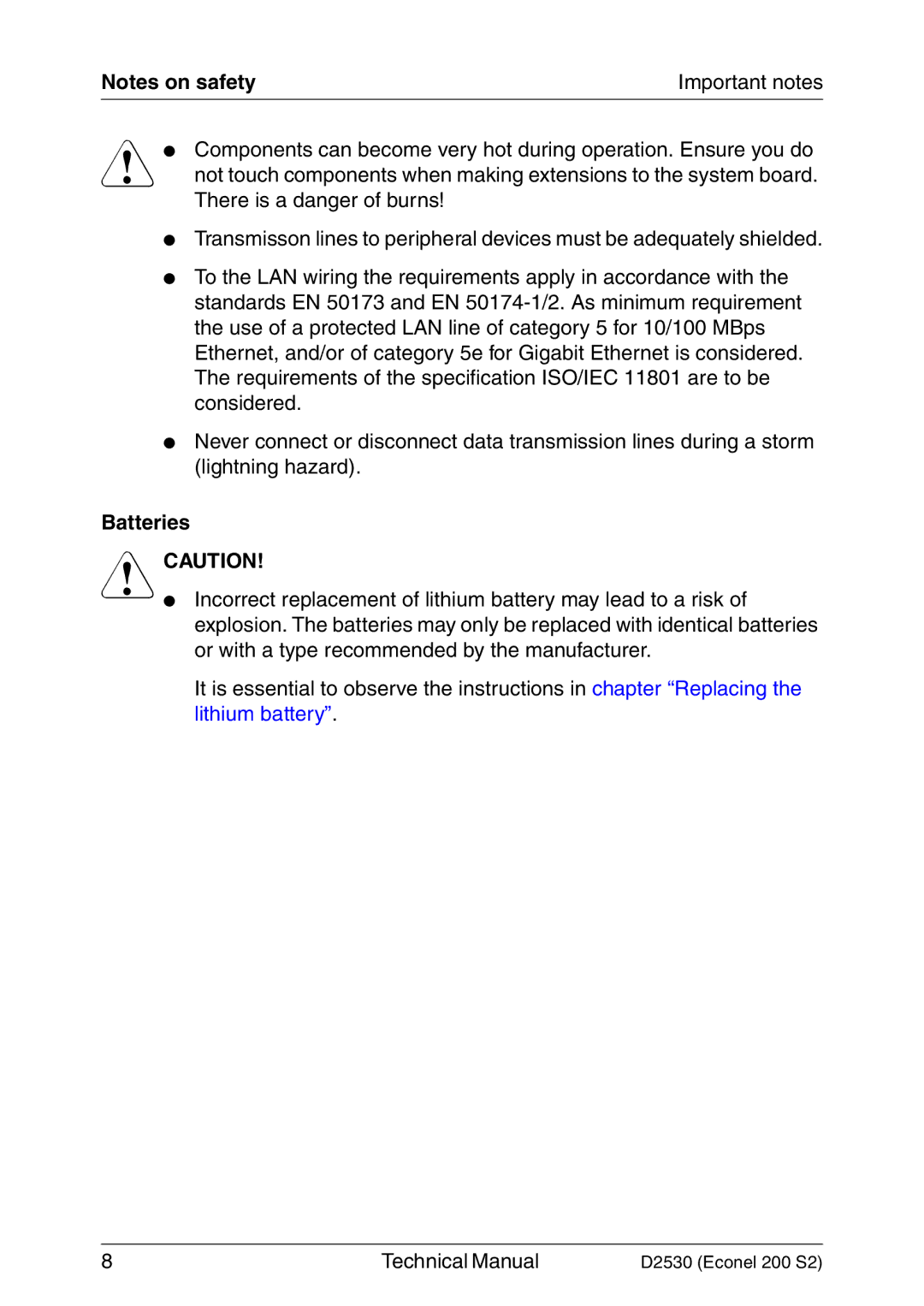 Fujitsu D2530 technical manual Batteries 