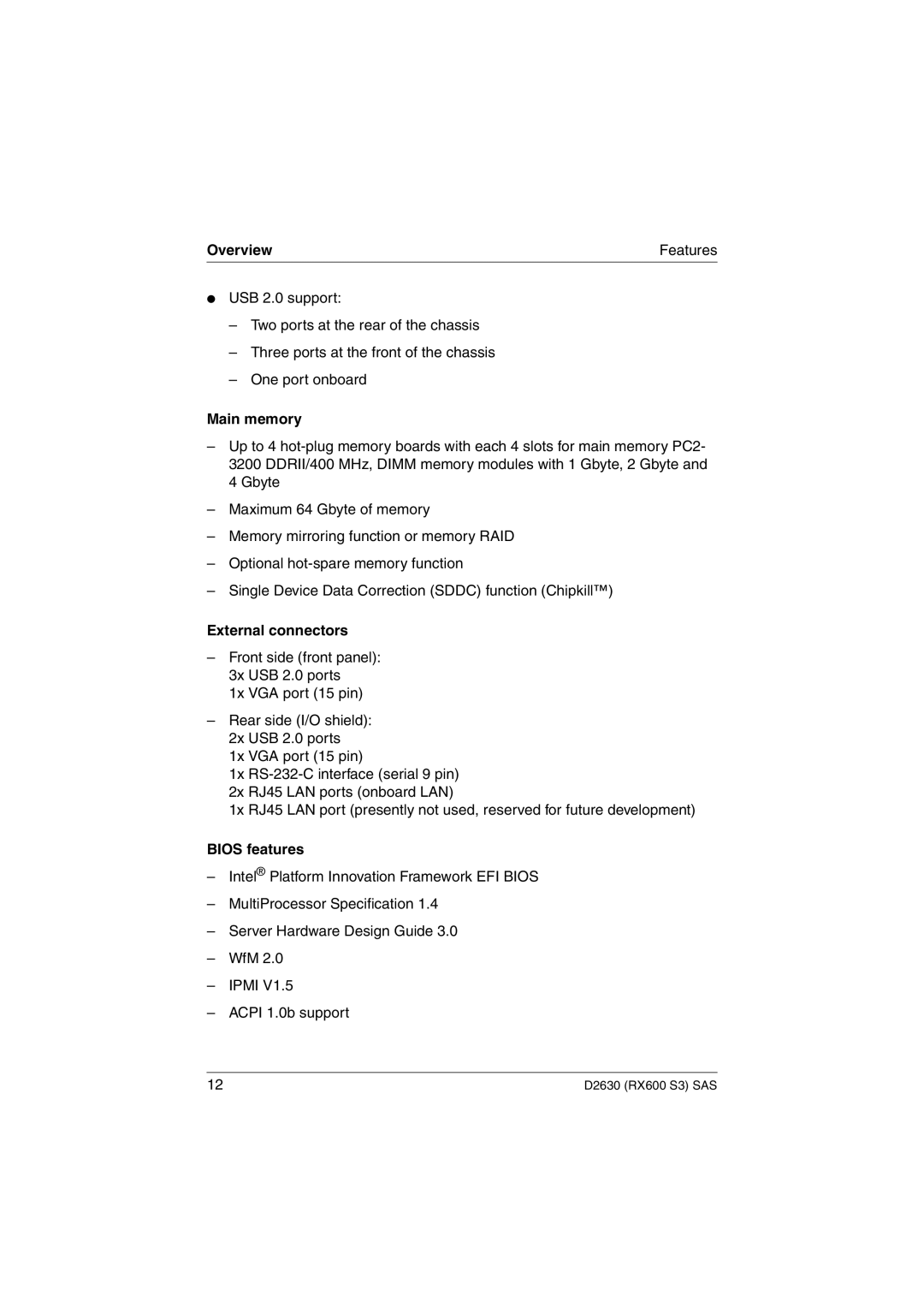 Fujitsu D2630 technical manual Overview, Main memory, External connectors, Bios features 