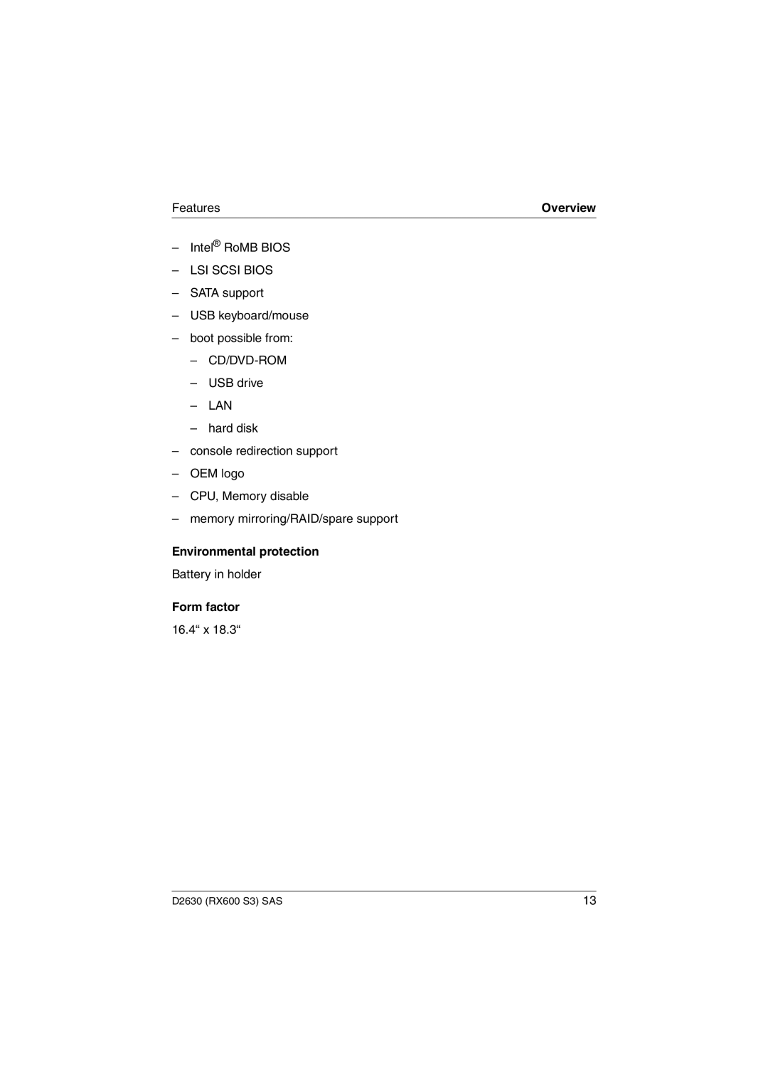 Fujitsu D2630 technical manual Features, Environmental protection, Form factor 