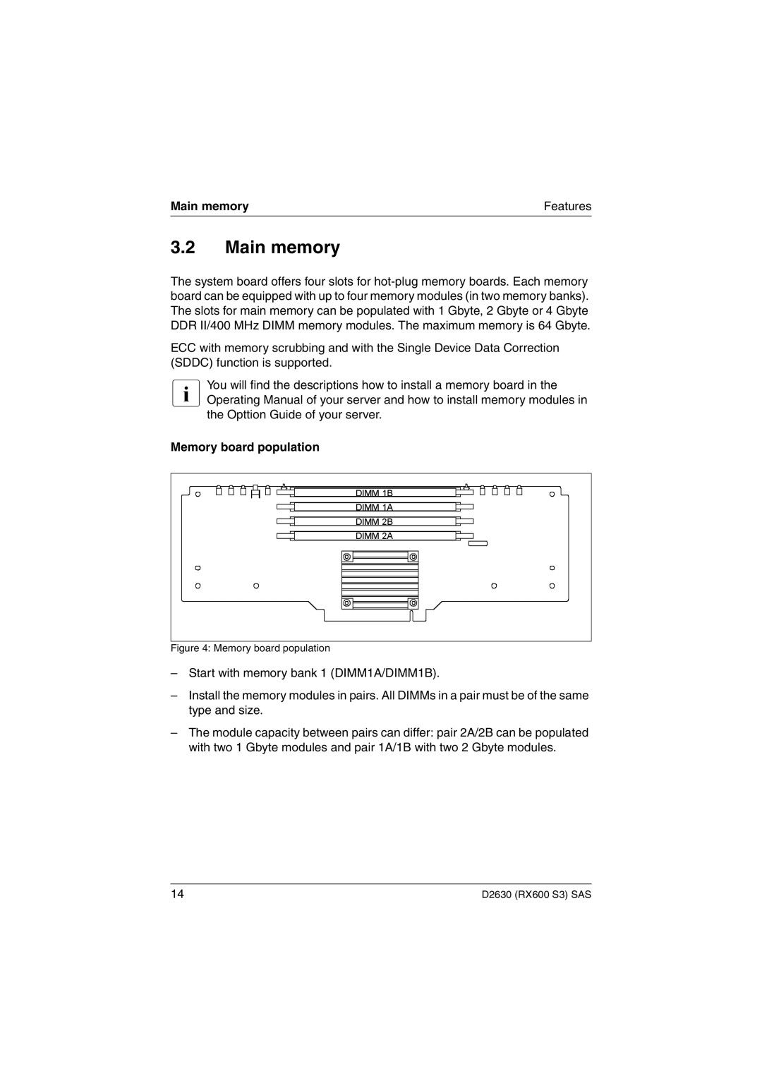 Fujitsu D2630 technical manual Main memory, Memory board population 